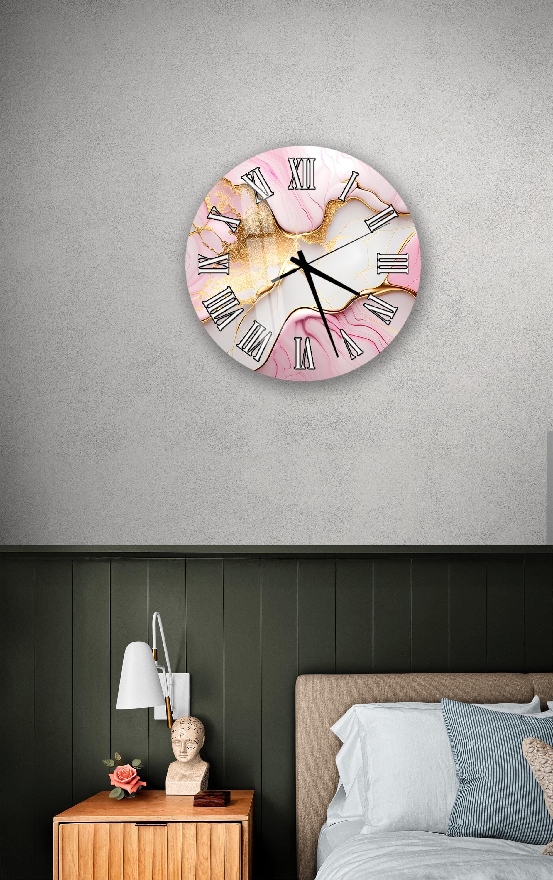 a bedroom setting with a wall clock, a nightstand, and a bed.