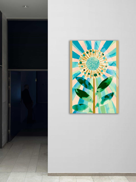 Abstract Teal Flower Tempered Glass Wall Art – Large Botanical Wall Hanging