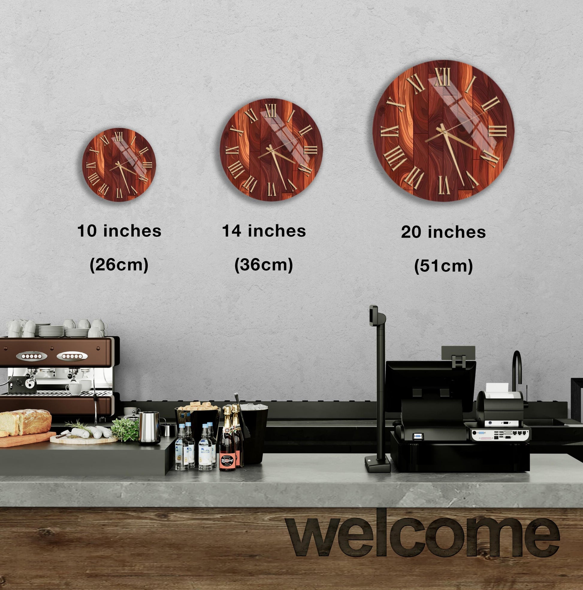 a wall with three round wooden clocks of different sizes, each displaying the same time. Below the clocks, there is a counter with various items such as bottles and a cash register. The word "welcome" is written on the counter.
