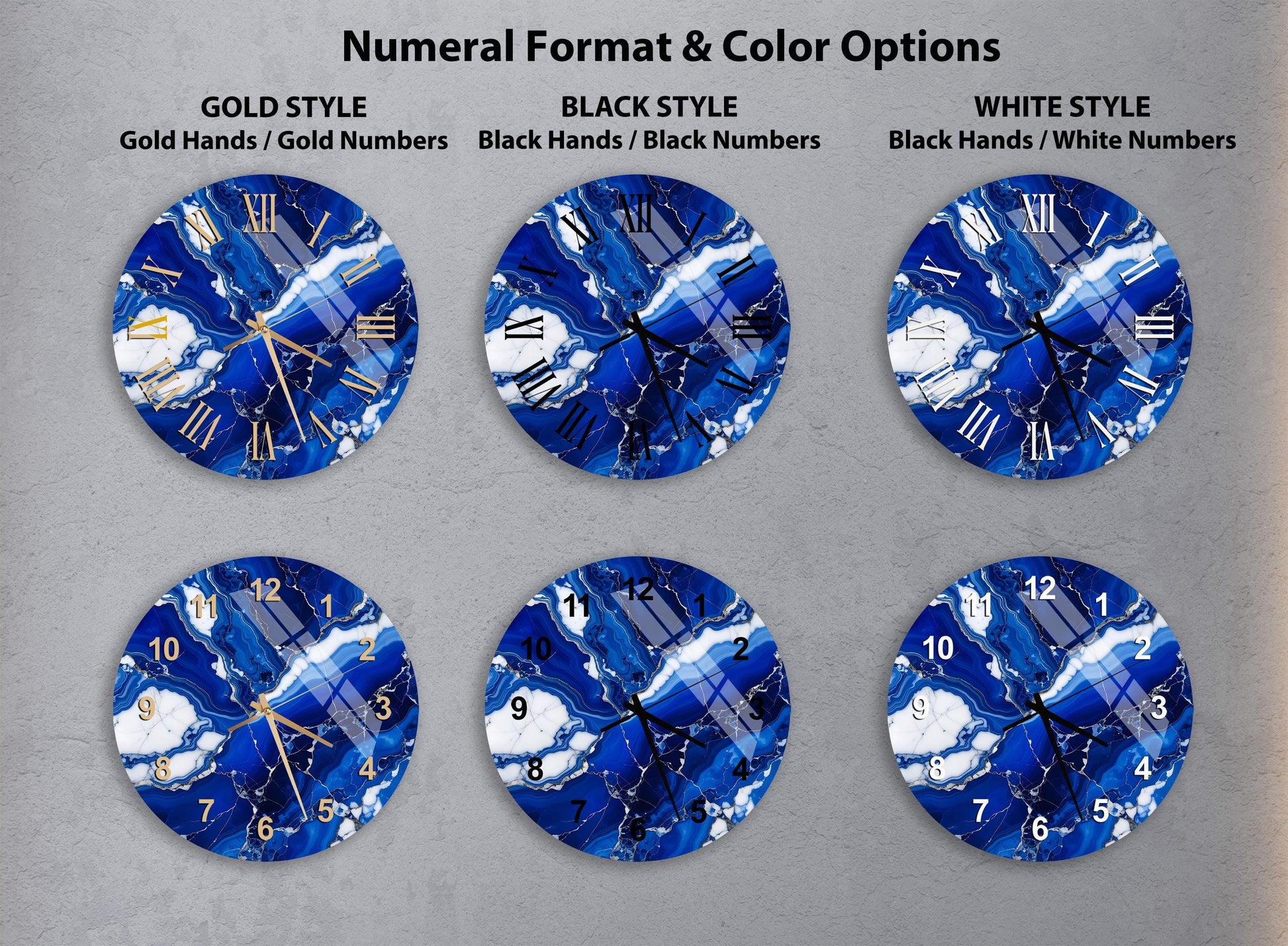 a collection of six clock faces with different styles and color options, including gold, black, white, and marble-like patterns.