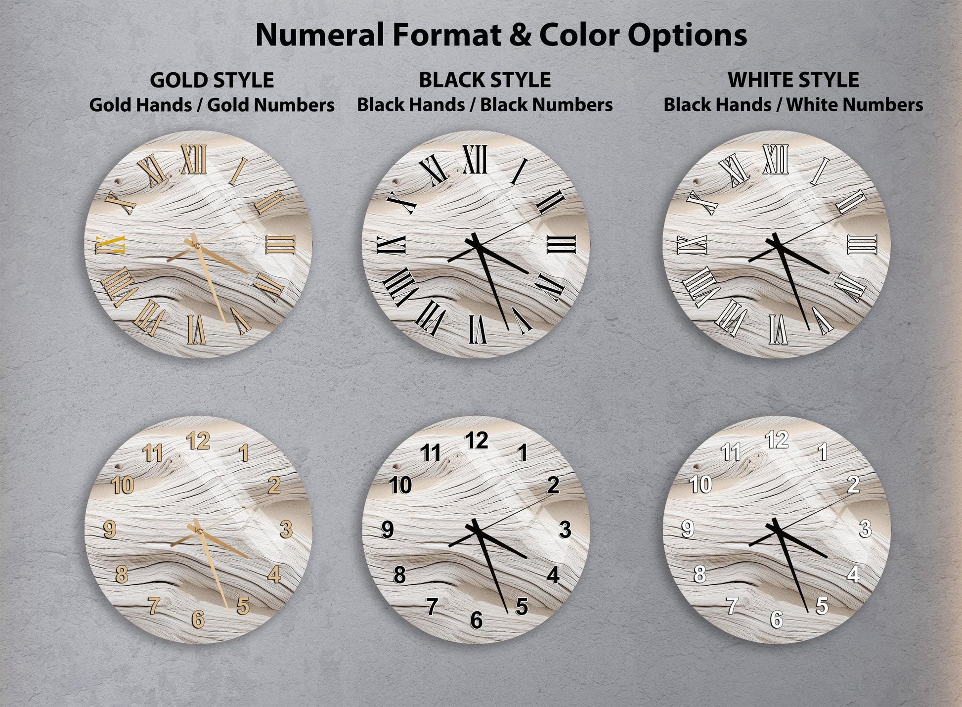 a collection of six clock faces with different styles and color options, including gold hands, black hands, black numbers, and white numbers.