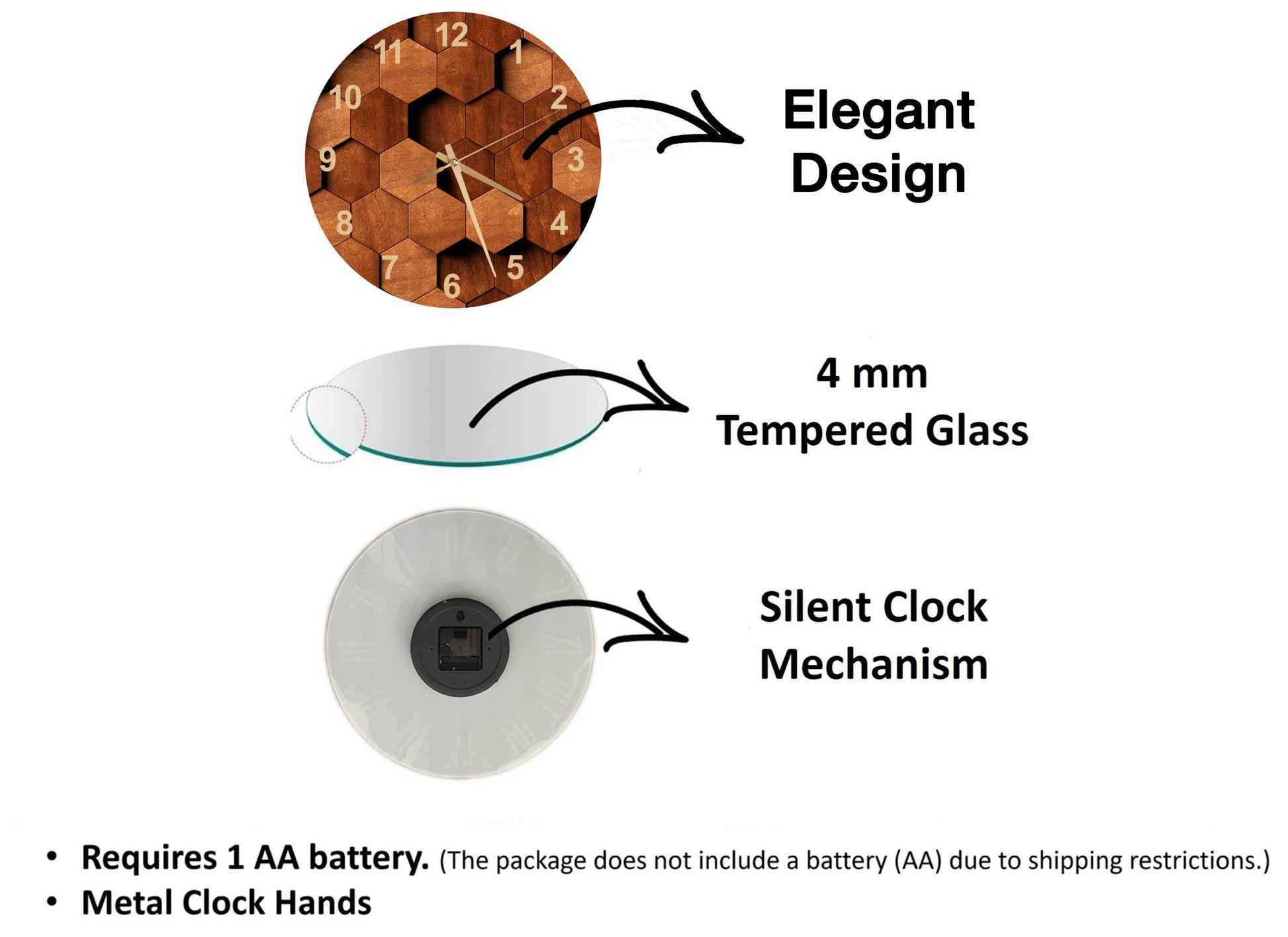The image is a diagram that illustrates the features of a clock, including its design, materials, and mechanism.