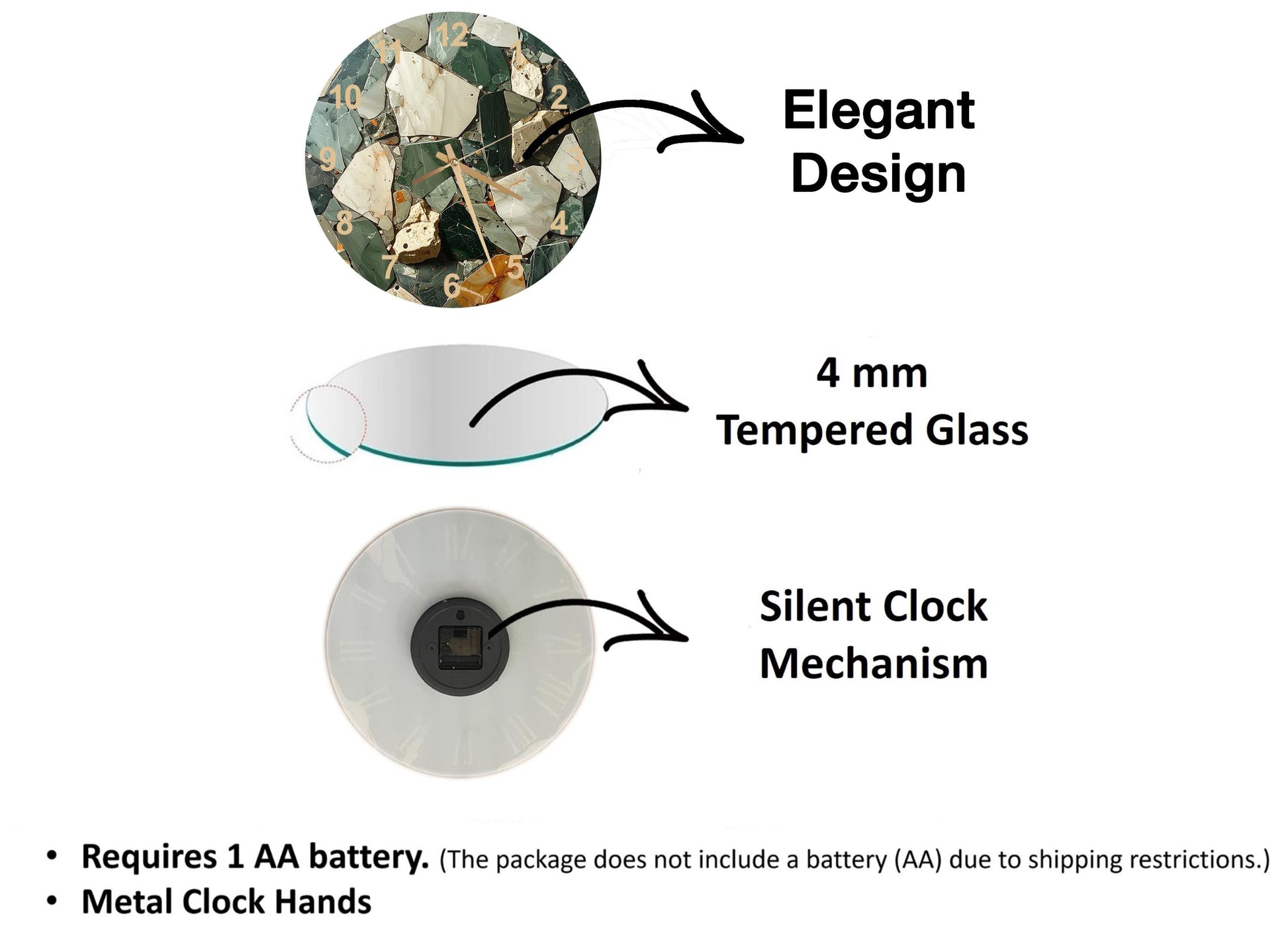 The image is a diagram that illustrates the features of a clock, including its design, materials, and mechanism. It shows a 4 mm Tempered Glass face, a silent clock mechanism, and a metal clock hand. The diagram also includes text that explains the features of the clock, such as the requirement of a 1 AA battery and the absence of a battery (AA) due to shipping restrictions.
