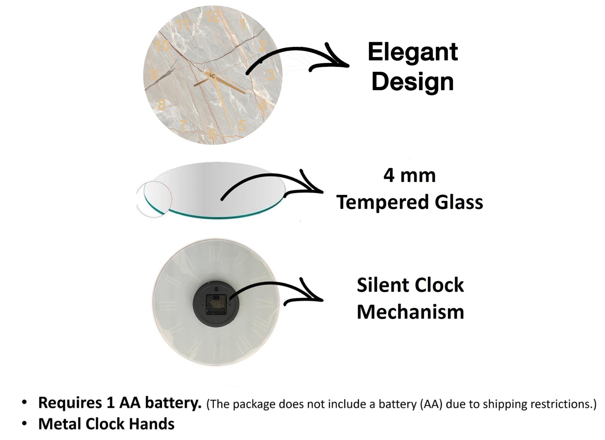 The image is a diagram that illustrates the features of a clock, including its design, size, and mechanism.
