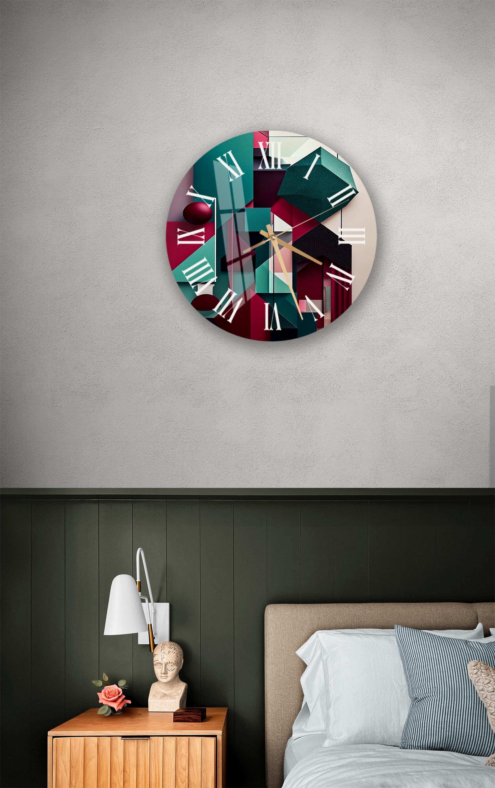 a bedroom with a bed and a clock on the wall