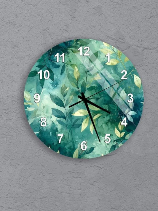 six round wall clocks with a green leaf design, arranged in a grid pattern on a gray background.