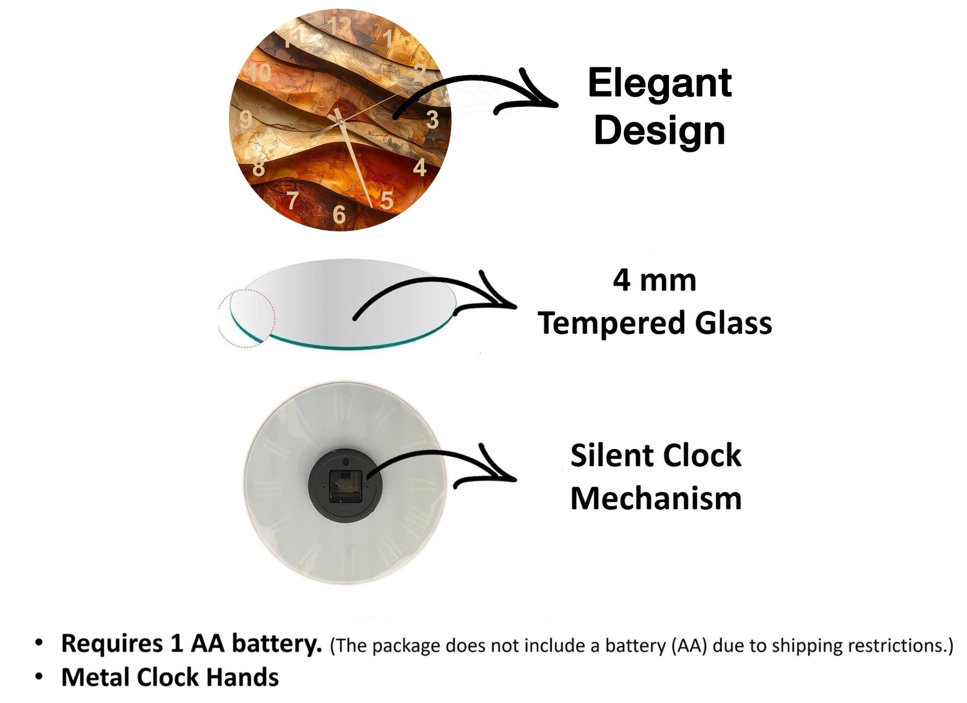 The image is a diagram that illustrates the features of a clock, including the type of glass used, the mechanism, and the battery requirements.