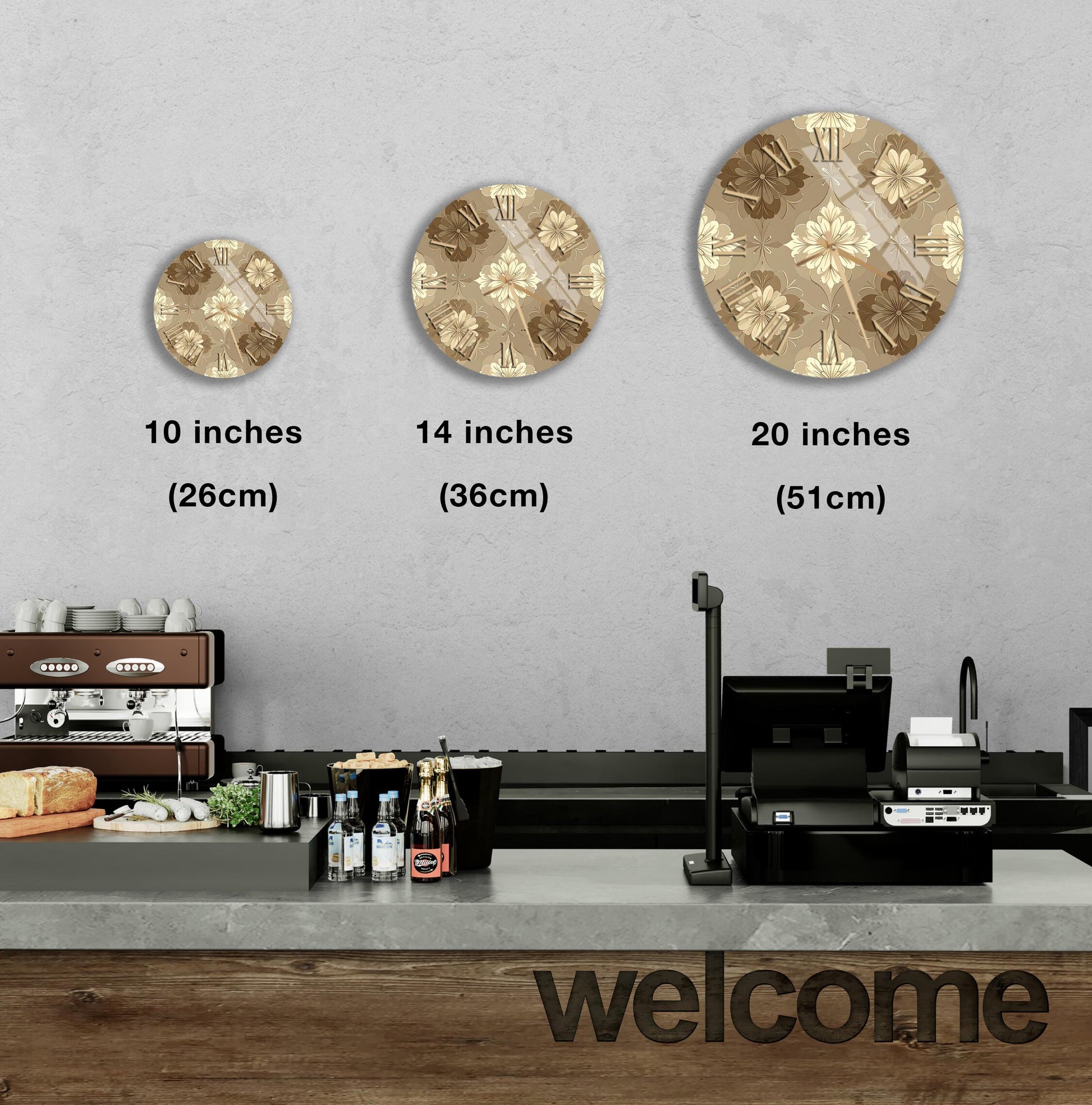 a counter in a restaurant with a "welcome" sign, and three clock-like designs on the wall, each representing a different size.