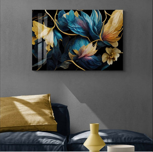 Colorful Glass Wall Art – Modern Floral Glass Print | Blue Botanical Decor