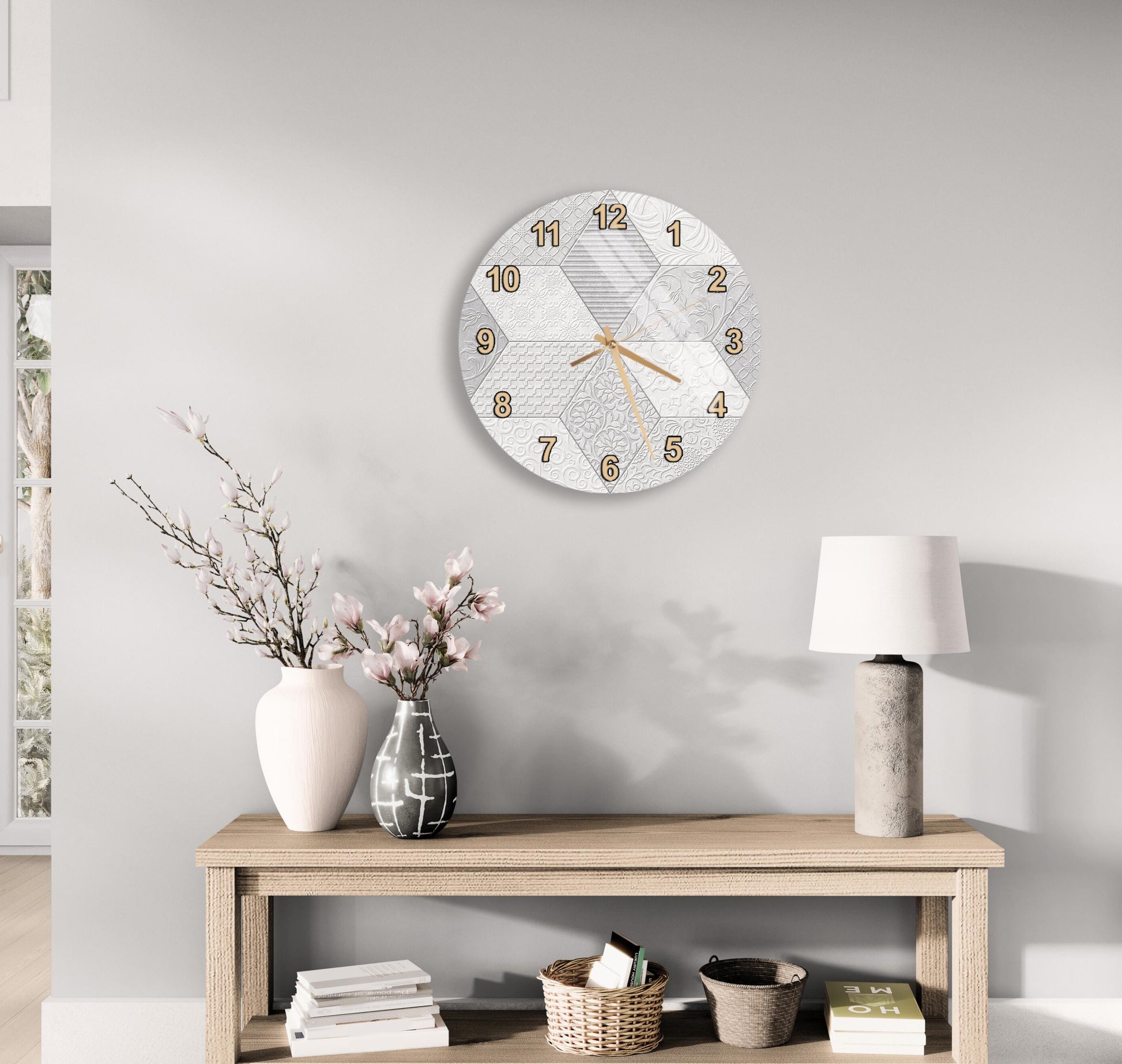 a modern living room with a wooden console table, a round wall clock, and various decorative items such as a vase with flowers, a lamp, and a stack of books.