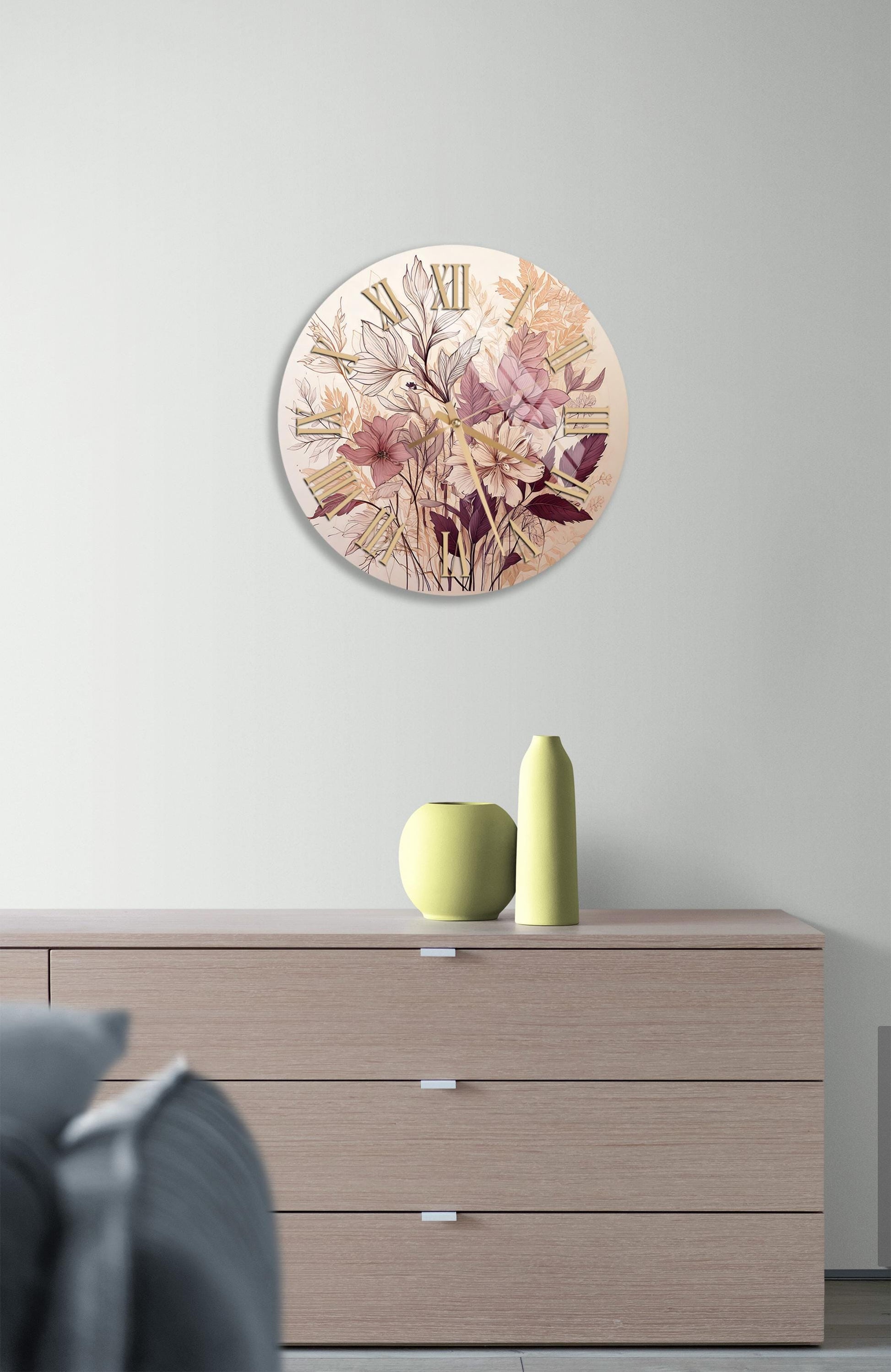 a clock on a wall above a dresser