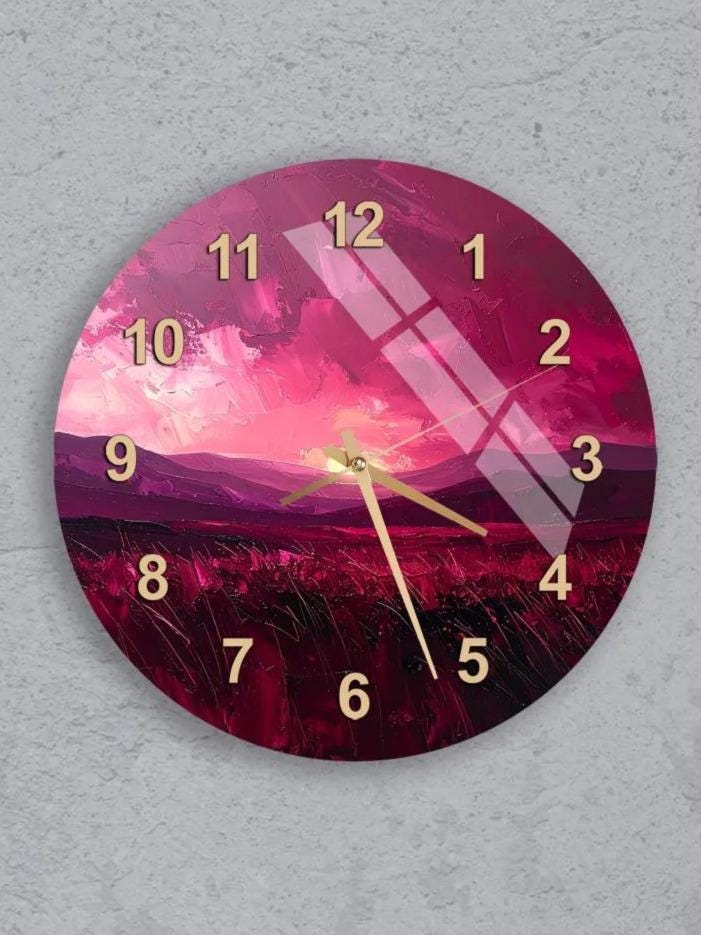 six circular wall clocks with different designs and colors, including a pink and purple color scheme.