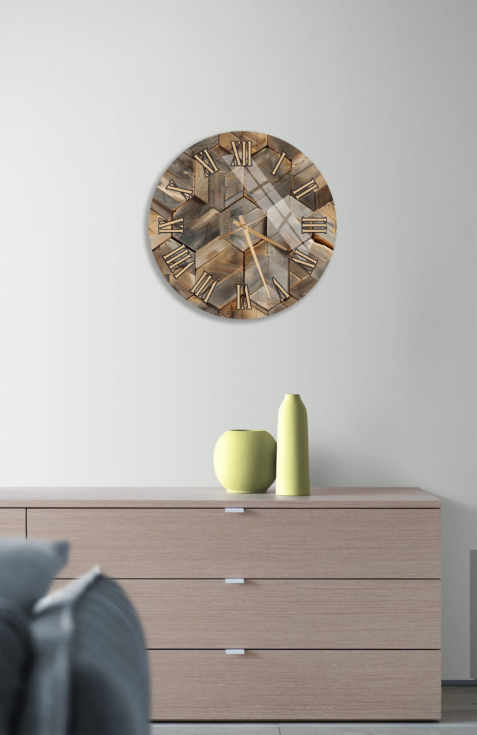 a modern interior design with a wooden dresser, a round clock with a wooden frame, and a yellow vase on the dresser.
