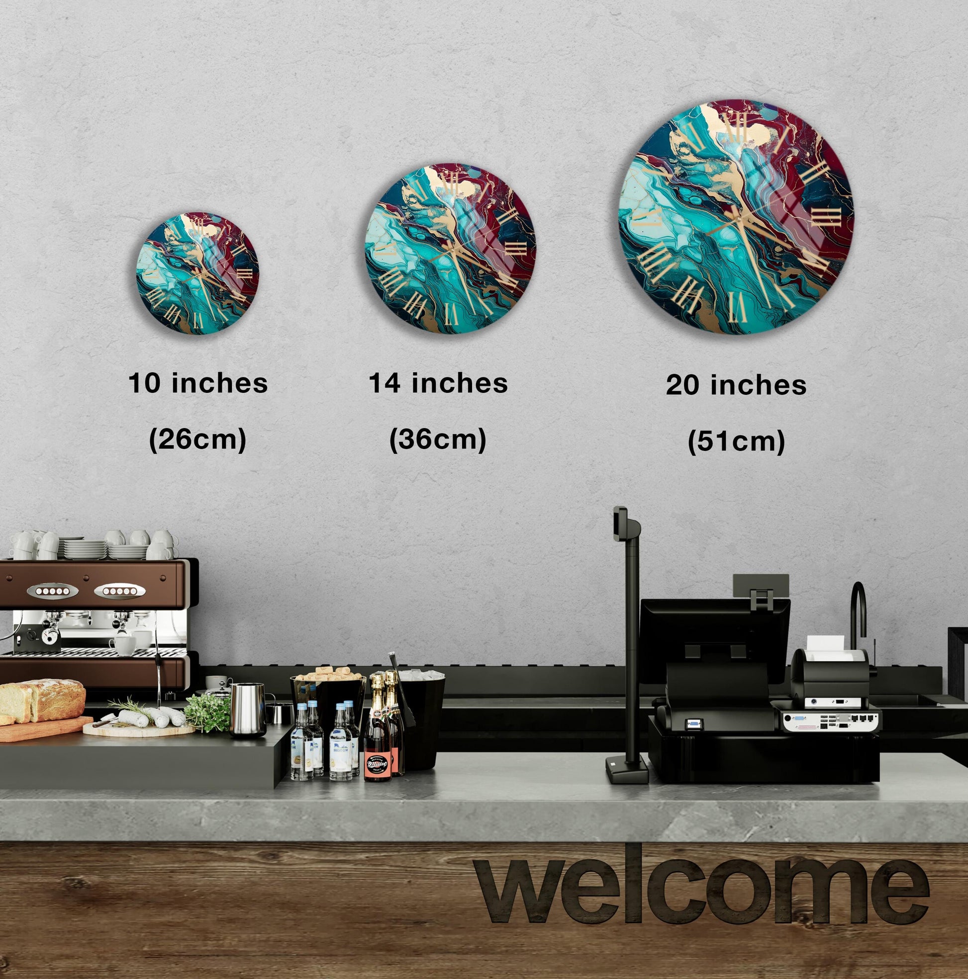 a coffee shop counter with three clocks on the wall