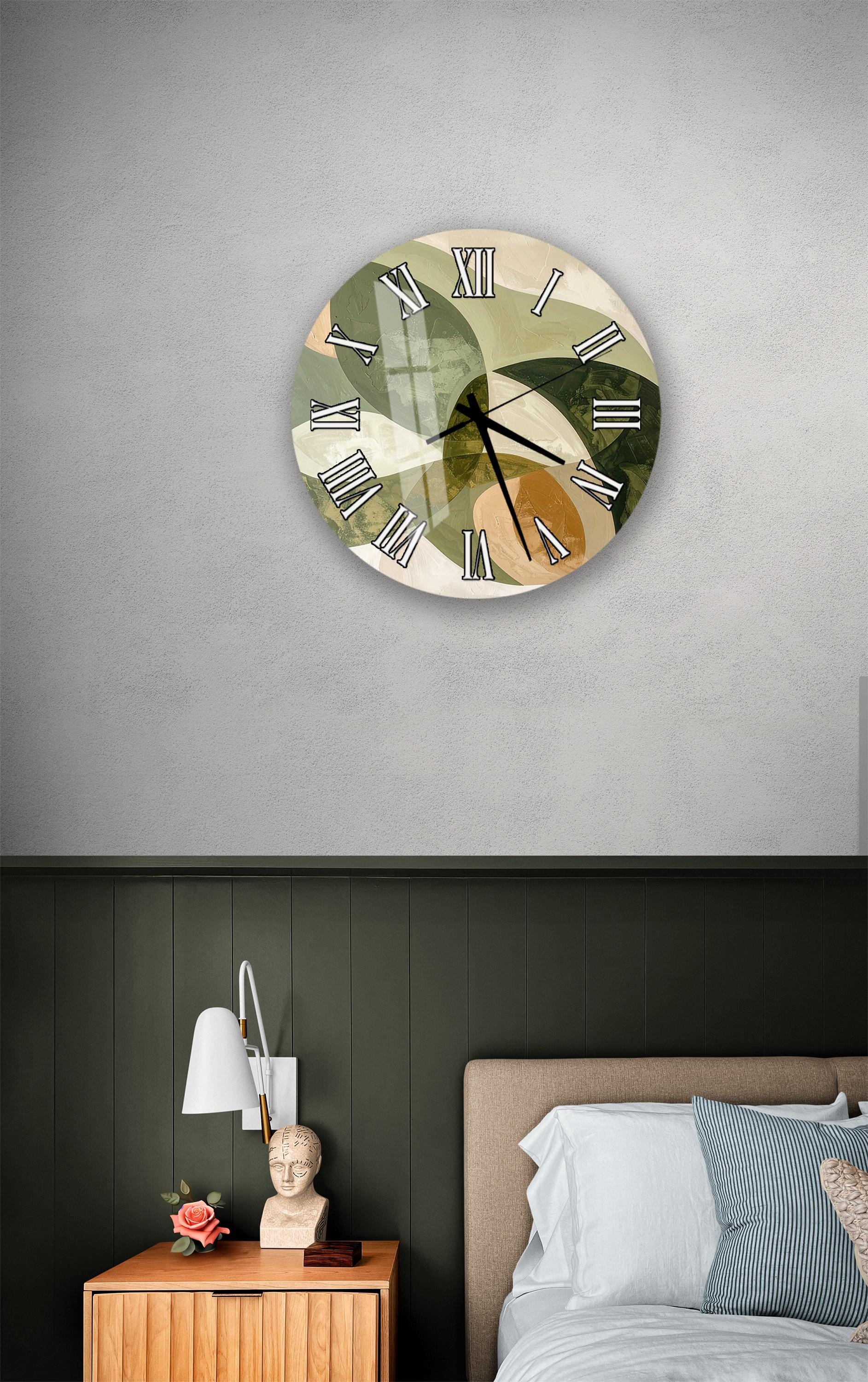 a bedroom setting with a wall clock, a nightstand, and a bed.