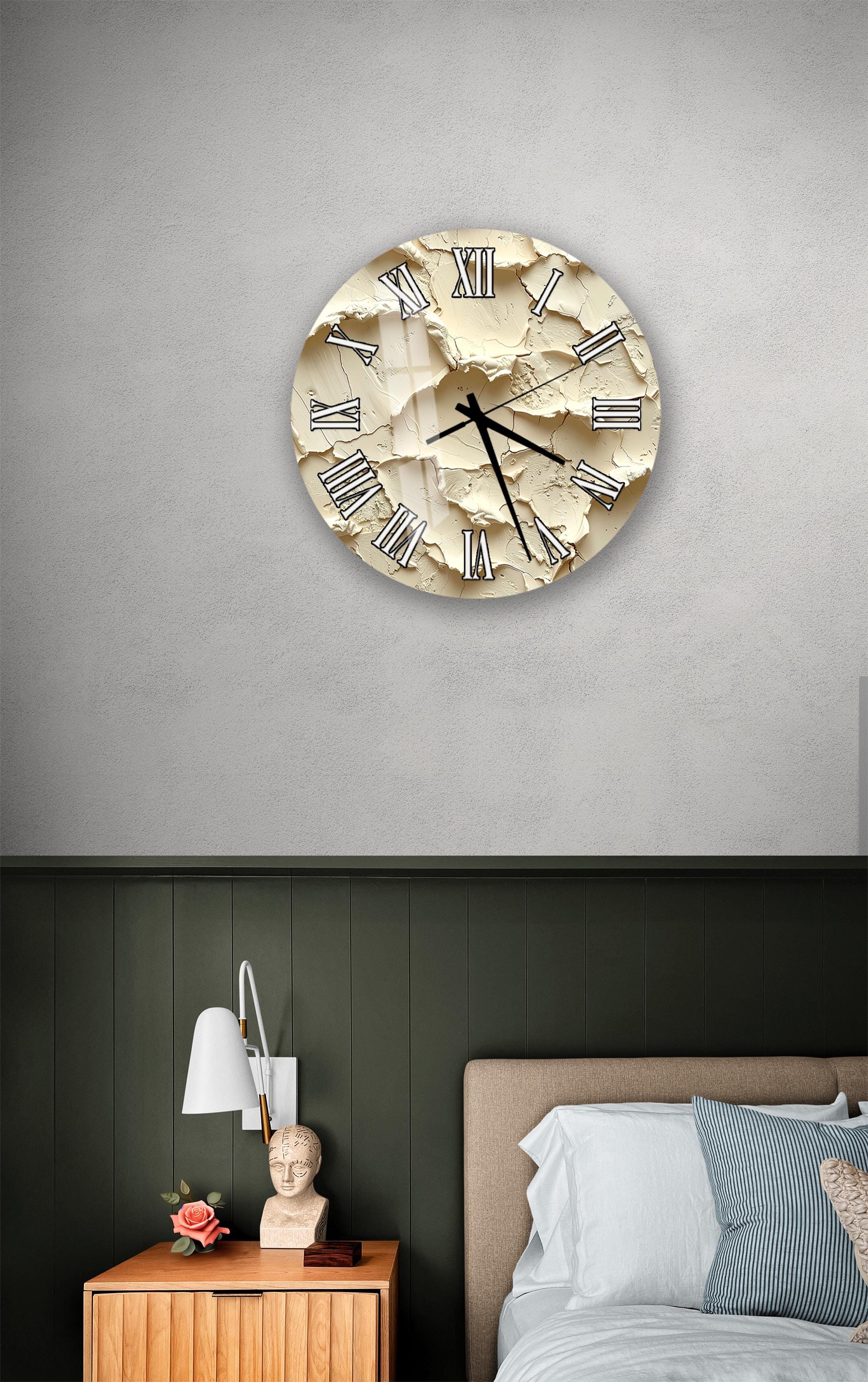 a bedroom setting with a large, round clock mounted on the wall above a bed. The clock has a distressed, aged appearance and is positioned above a nightstand with a lamp and a small statue.