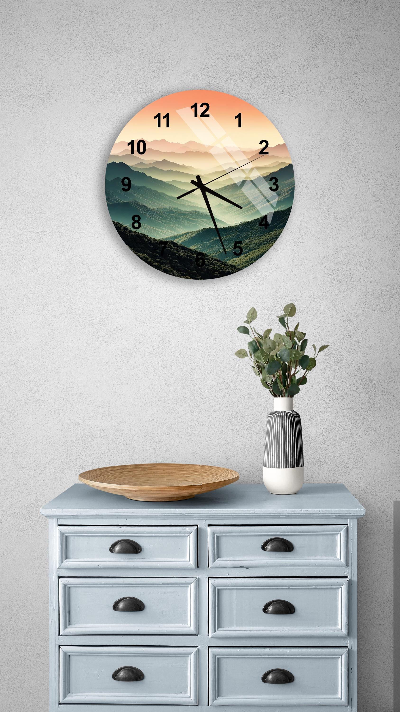 a clock on a wall above a dresser