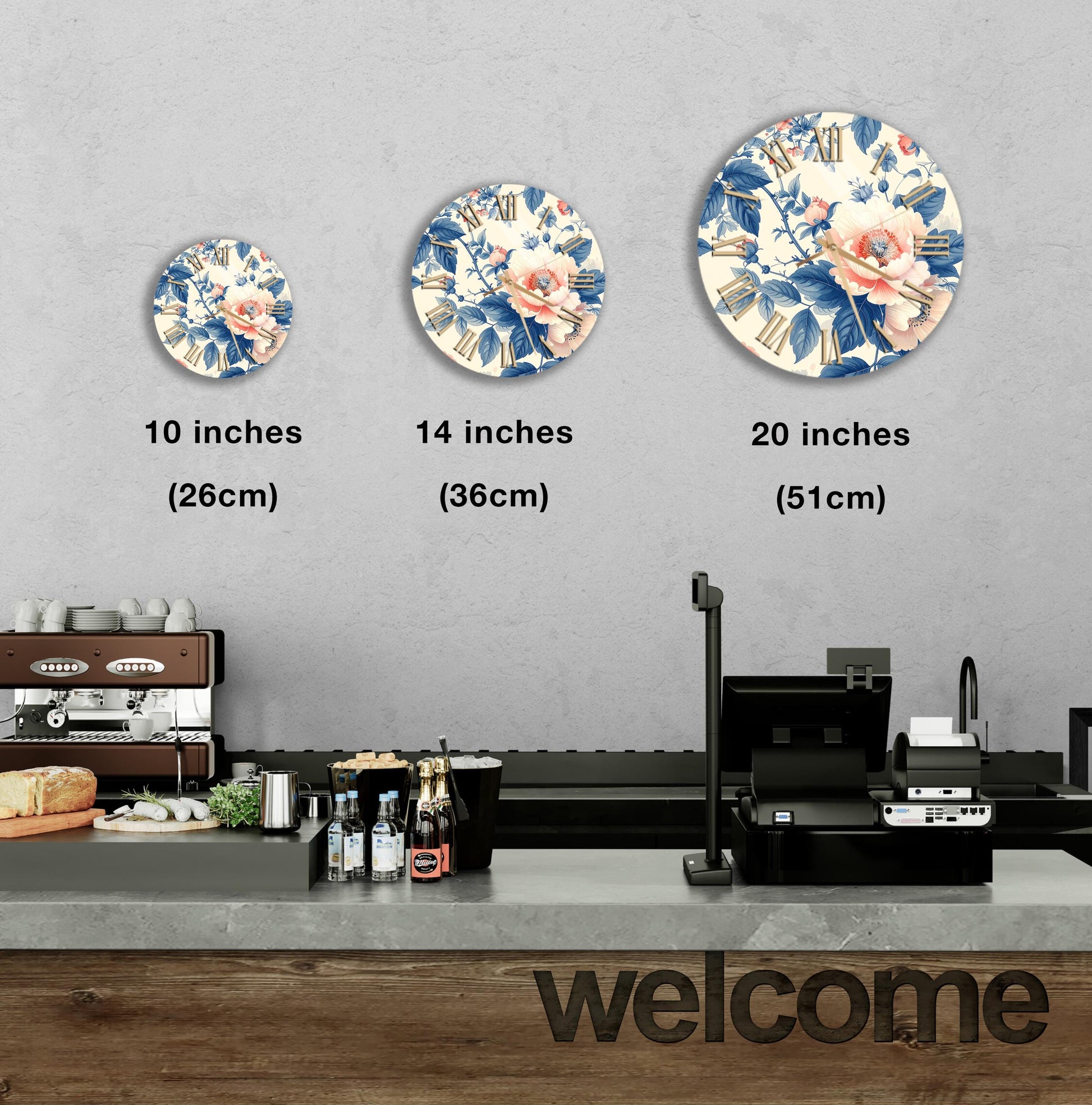 A wall with three round clock faces of different sizes, each with a floral design, and a counter with various items such as bottles and a cash register.