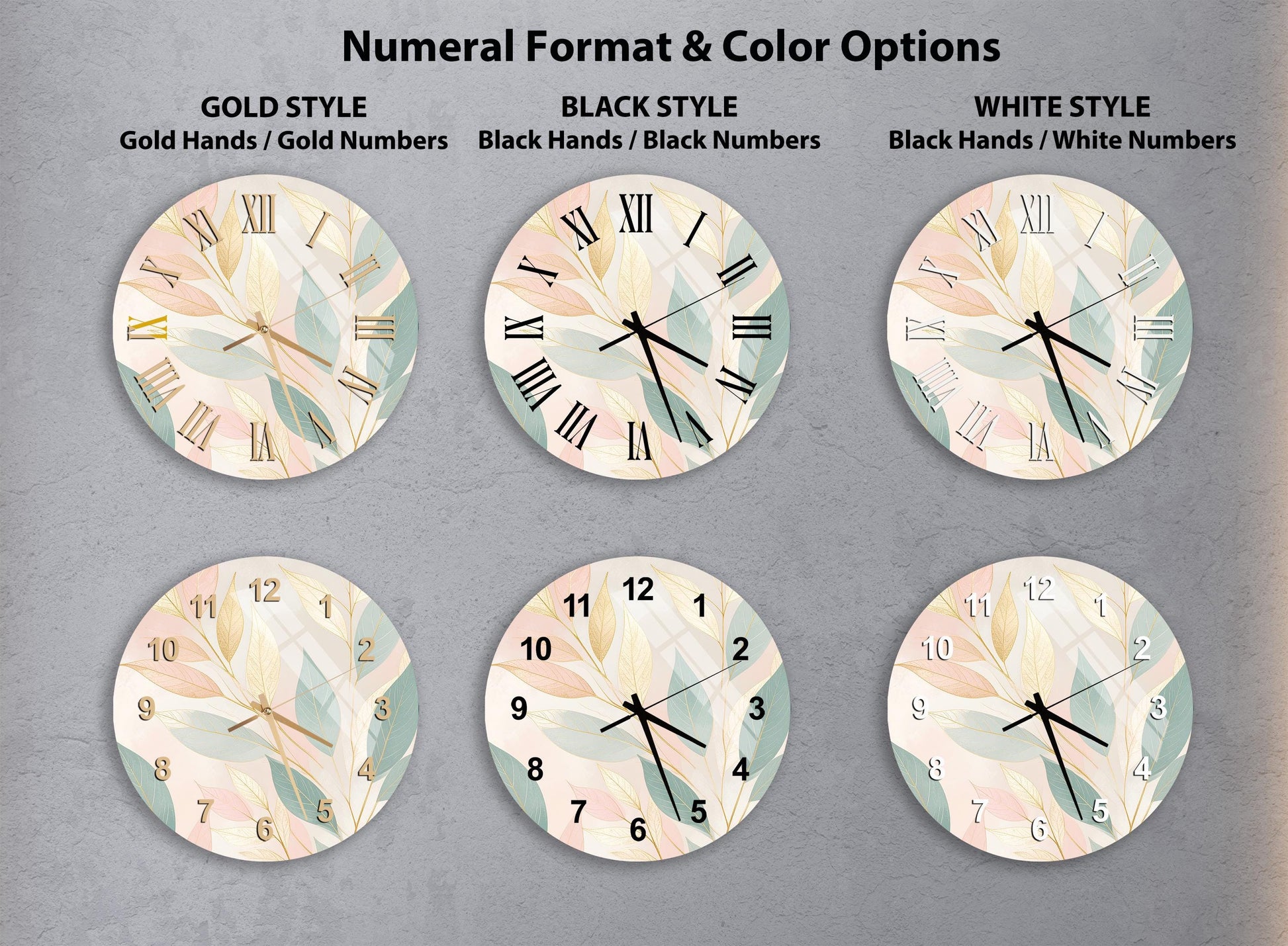 a collection of six wall clocks with different styles and color options, arranged in a grid format.
