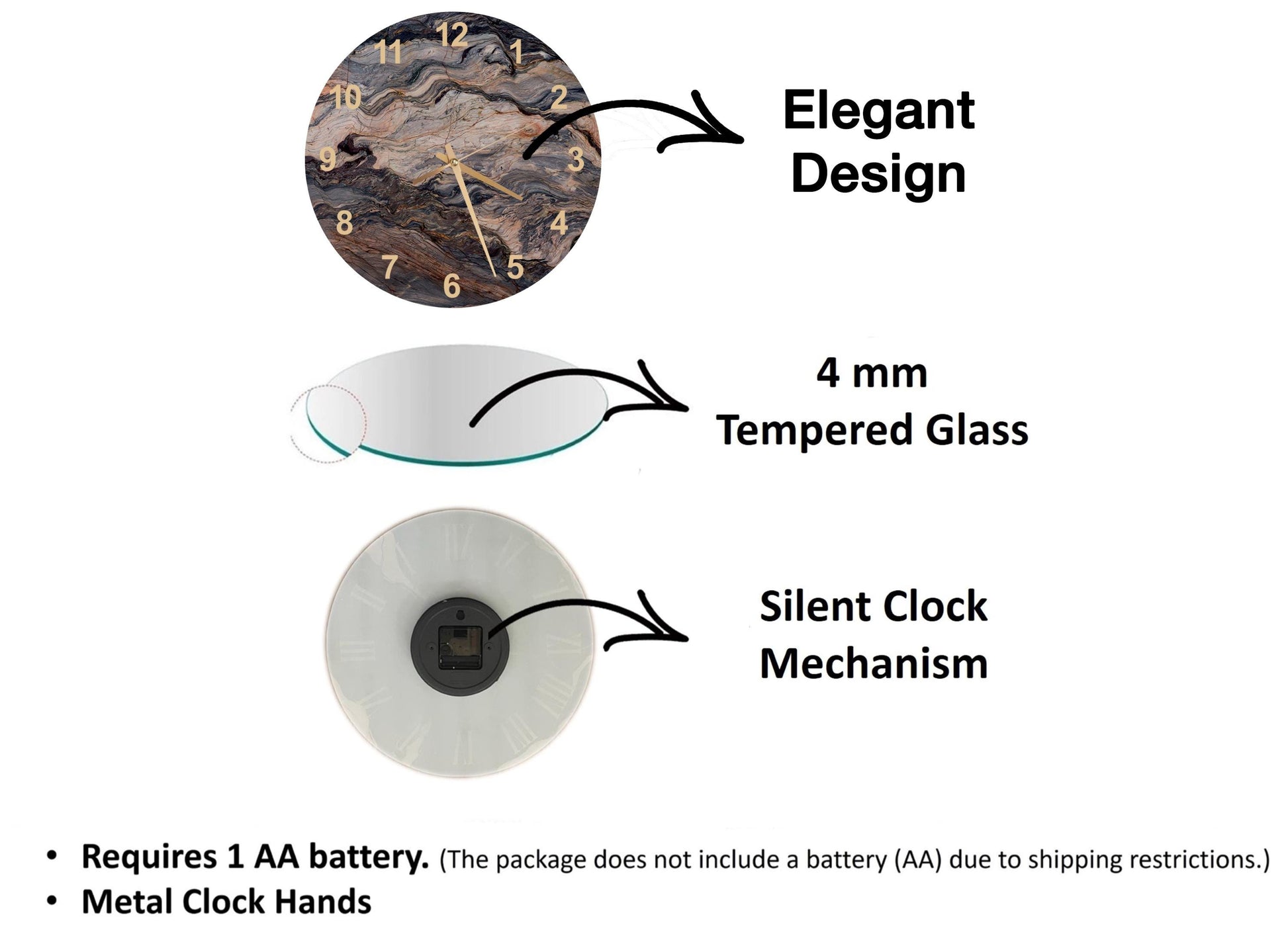 The image is a diagram that illustrates the features of a clock, including its design, materials, and mechanism. It shows a 4 mm Tempered Glass clock, a silent clock mechanism, and a metal clock hand. The diagram also includes text that explains the features of the clock, such as the requirement of a 1 AA battery and the absence of a battery (AA) due to shipping restrictions.