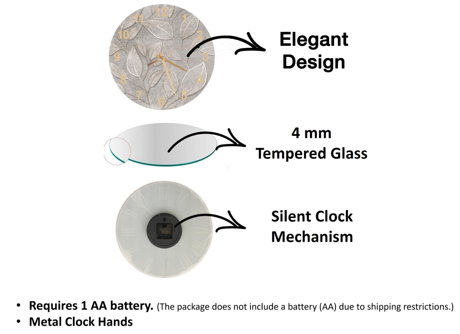 The image is a diagram that illustrates the features of a clock, including its design, materials, and mechanism.