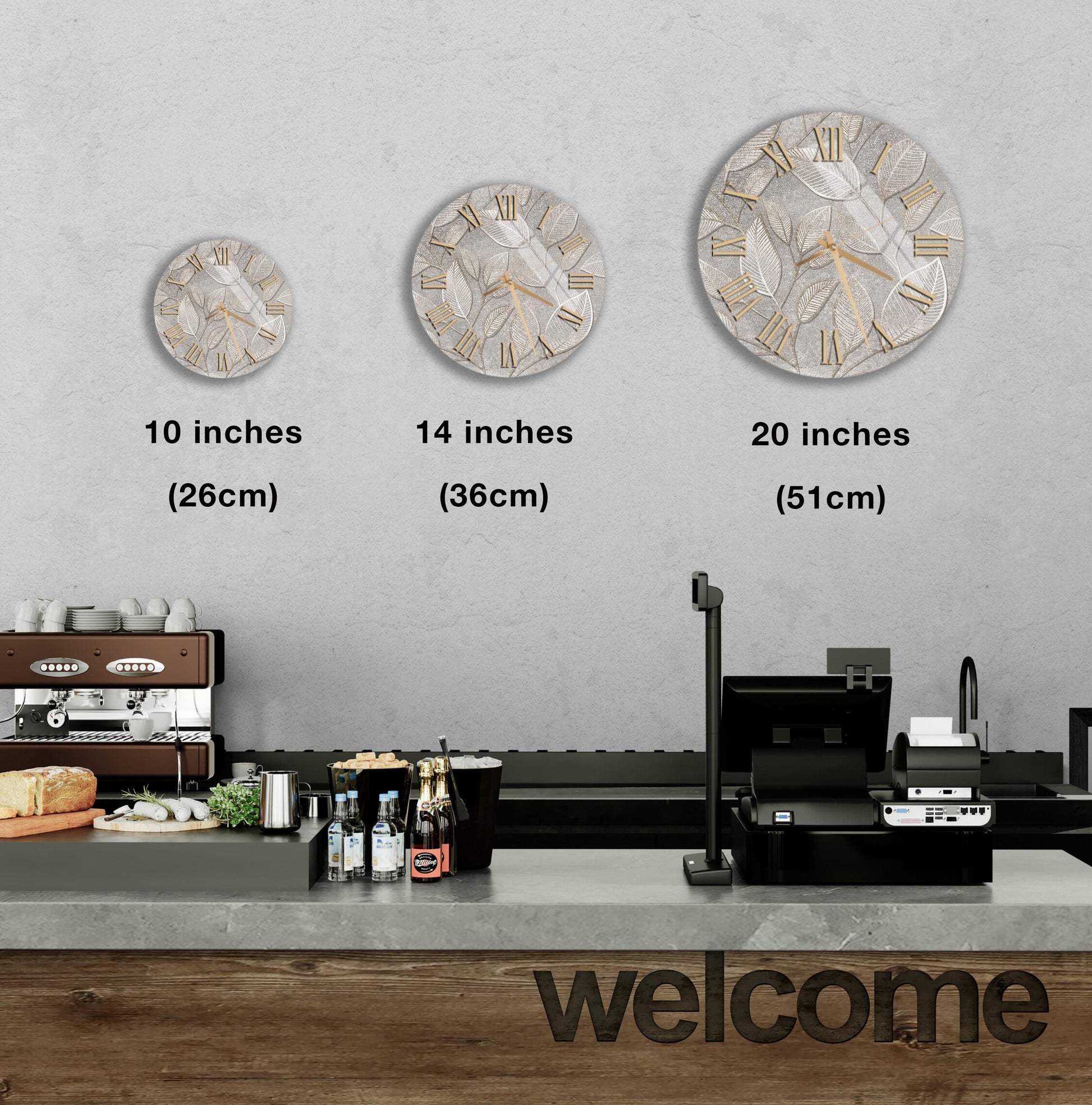 a counter with a cash register, a coffee machine, and a welcome sign. There are three clocks displayed on the wall, each at different sizes, indicating the time in inches.