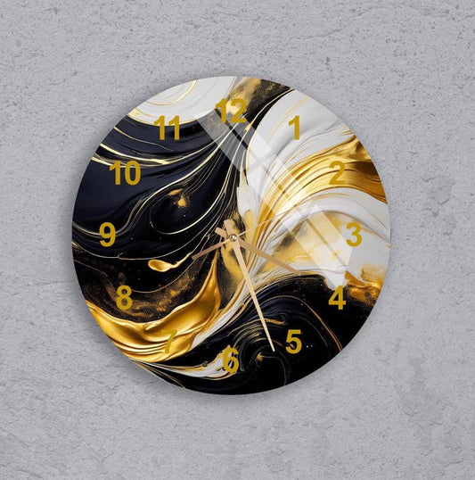 Marble Glass Wall Clock – Tempered Glass, Liquid Swirl Design in Gold & Black