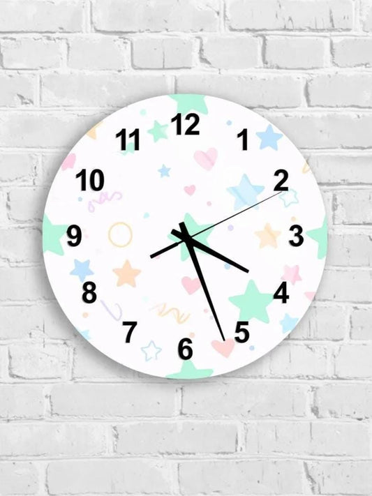 A round wall clock with a white face and colorful star and heart designs.