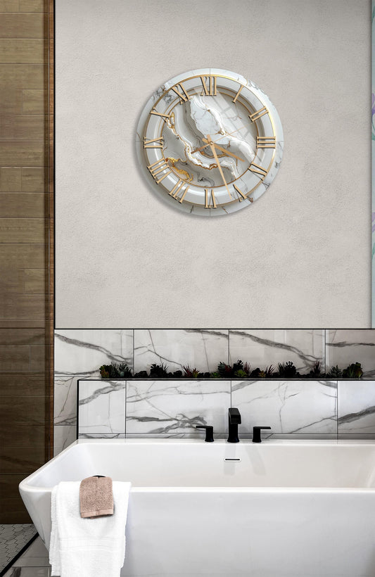 Tempered Glass Wall Clock - Agate Design Gold White Marble, Silent Sweep