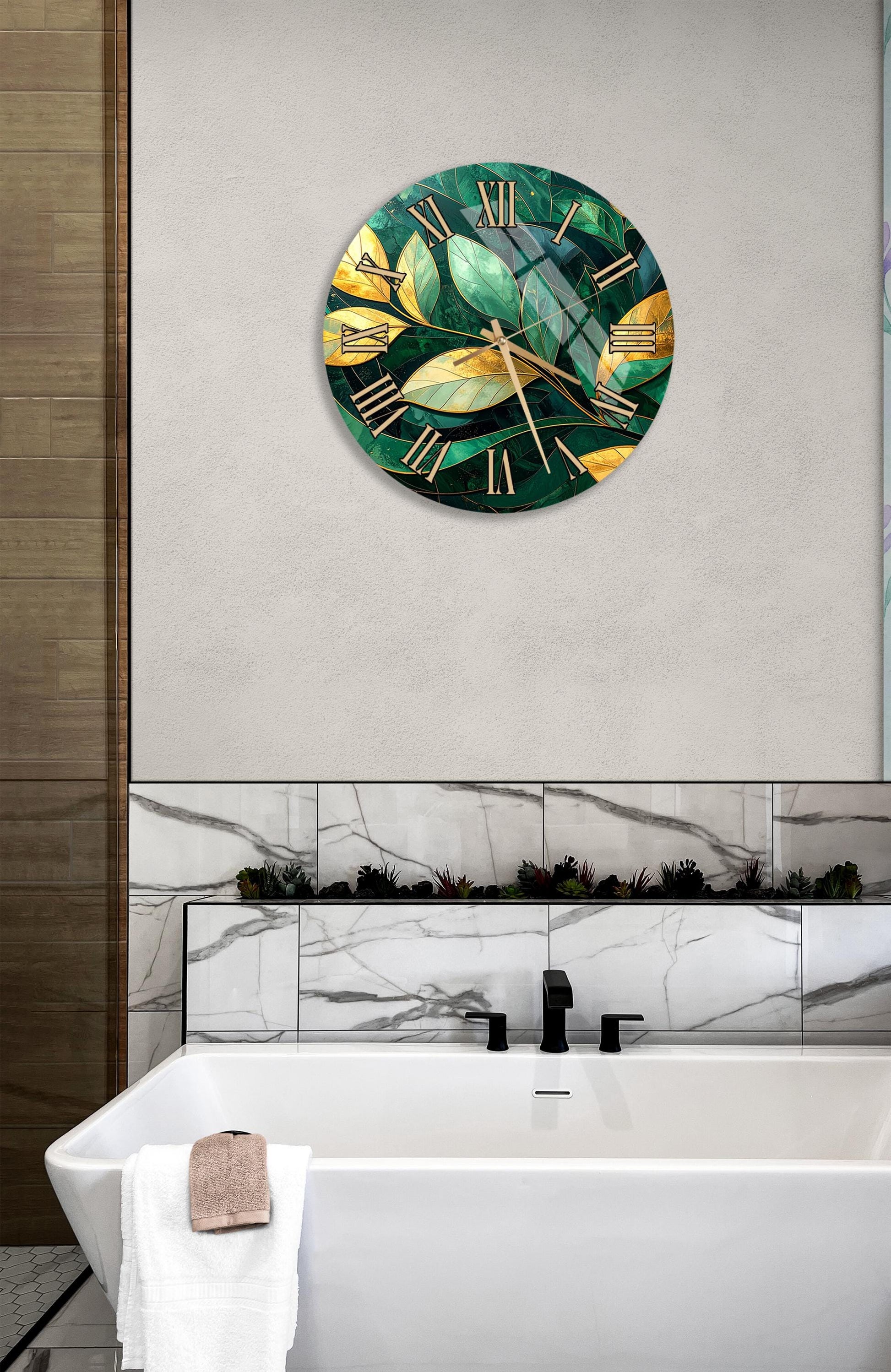 a bathroom with a large green and gold clock on the wall above a white bathtub.
