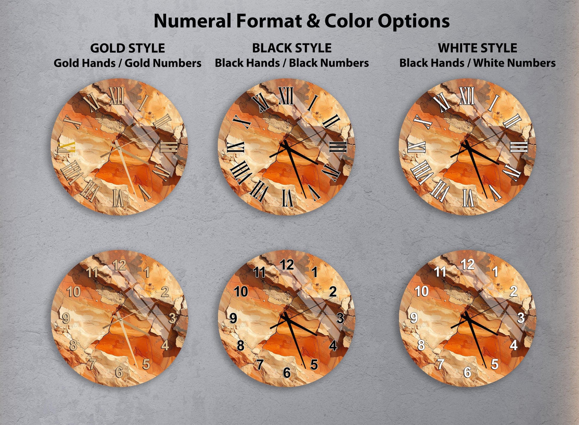 six different clock designs, each with a unique color and style, arranged in a grid format.