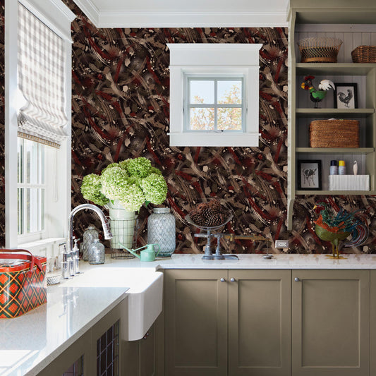 a cozy kitchen with a white sink, a window with a white frame, and a shelf with various items. The walls are covered in a patterned wallpaper, and there are several decorative elements such as vases, a basket, and a bird figurine. The overall scene conveys a warm and inviting atmosphere.
