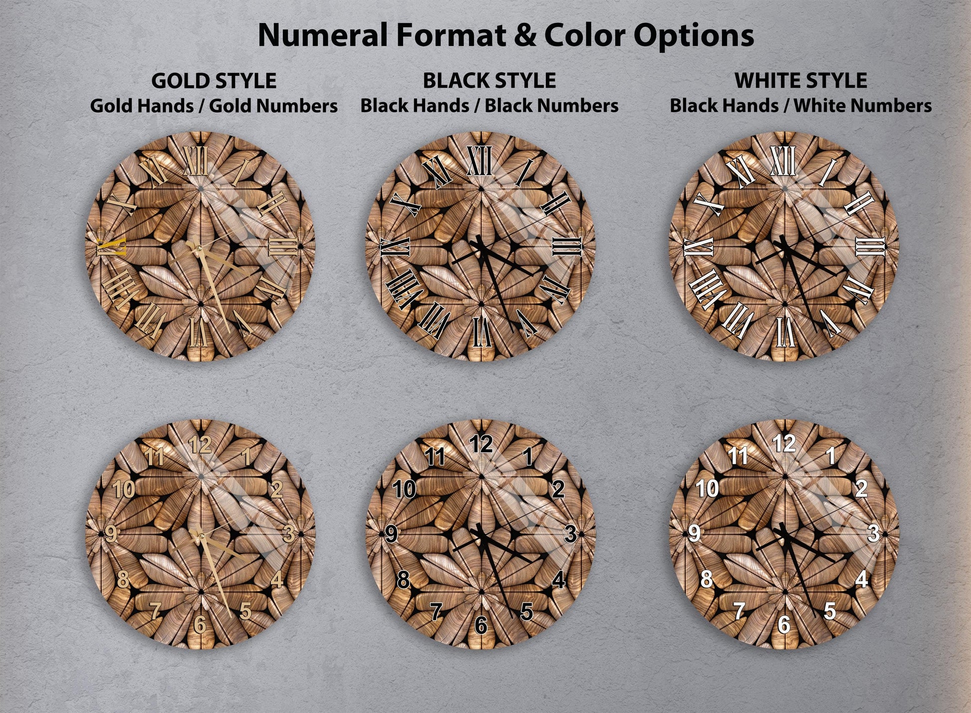 a collection of six clock faces with different styles and color options, including gold, black, white, and black and white.