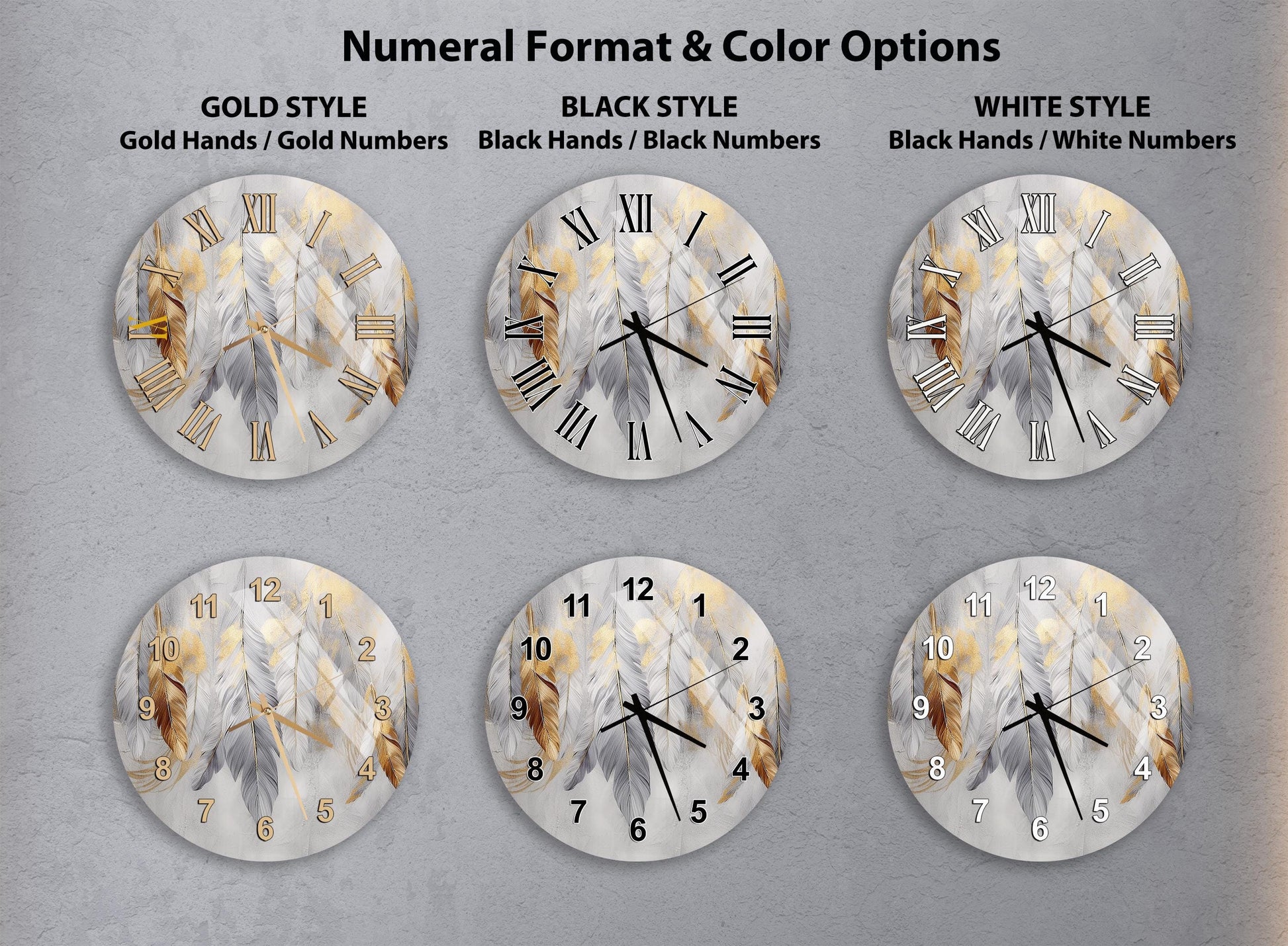 a collection of six wall clocks with different styles and color options, including gold hands, gold numbers, black hands, black numbers, white hands, and white numbers.