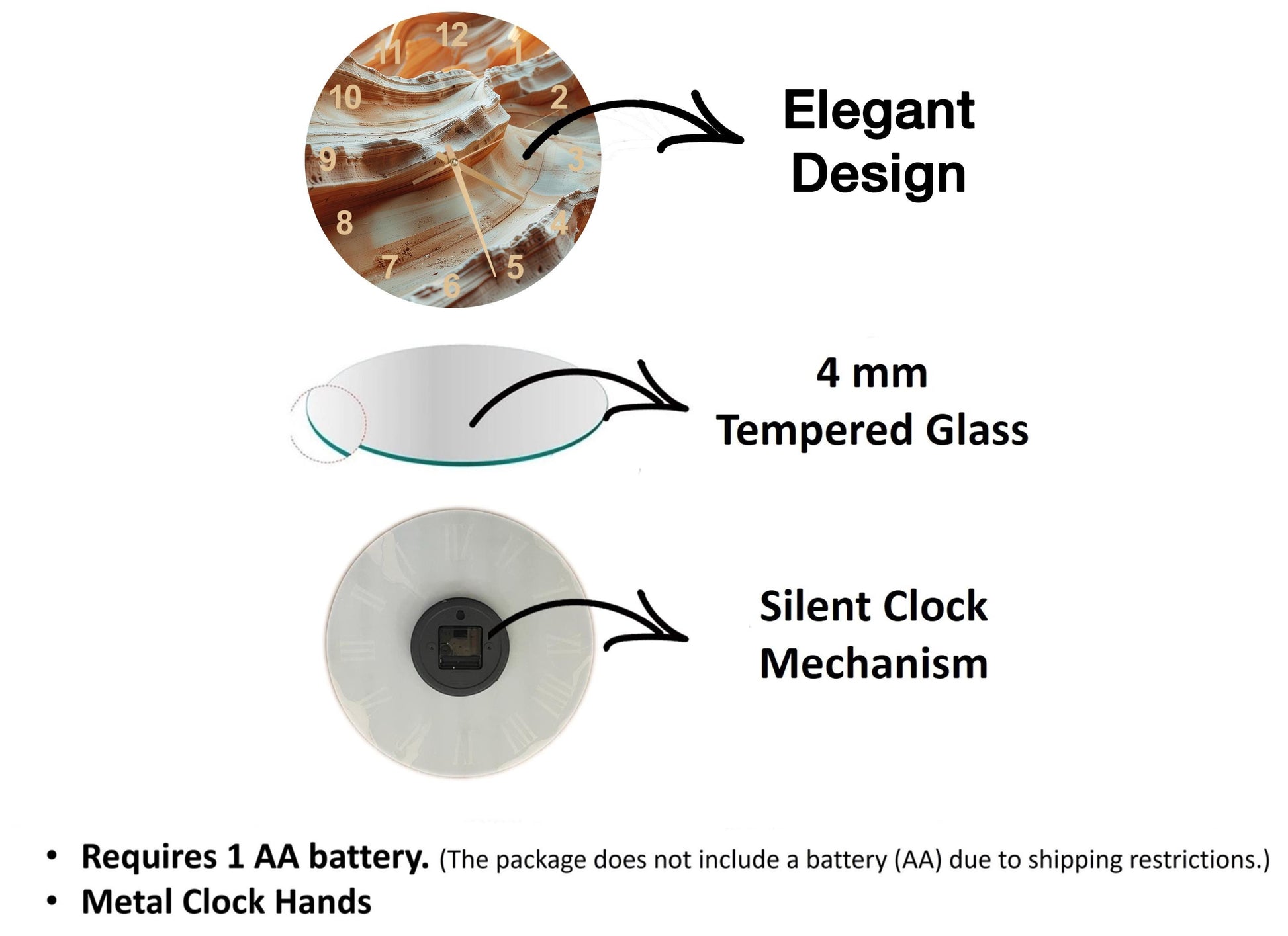 The image is a diagram that illustrates the features of a clock, including the type of glass used, the mechanism, and the battery requirements.