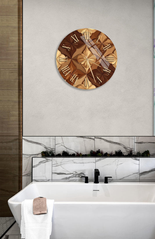 Tempered Glass Wall Clock – Brown Floral Pattern | Modern Home Decor Clock