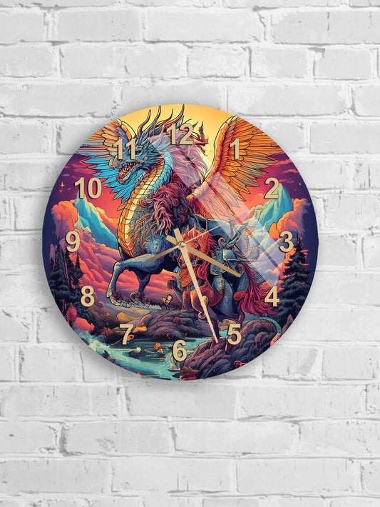 a large, colorful clock with a dragon design on the face.