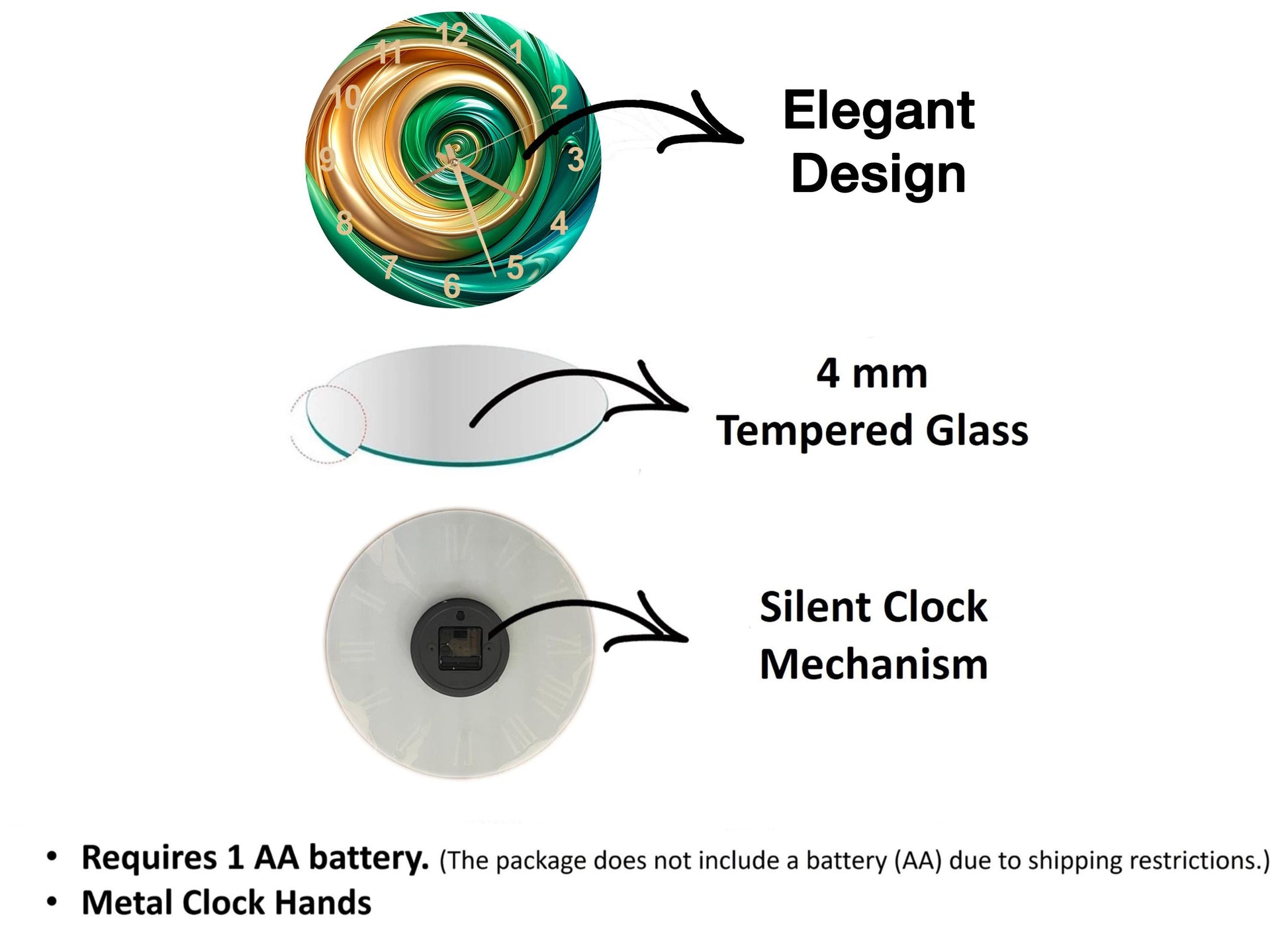 The image is a diagram that illustrates the features of a clock, including its design, materials, and mechanism.