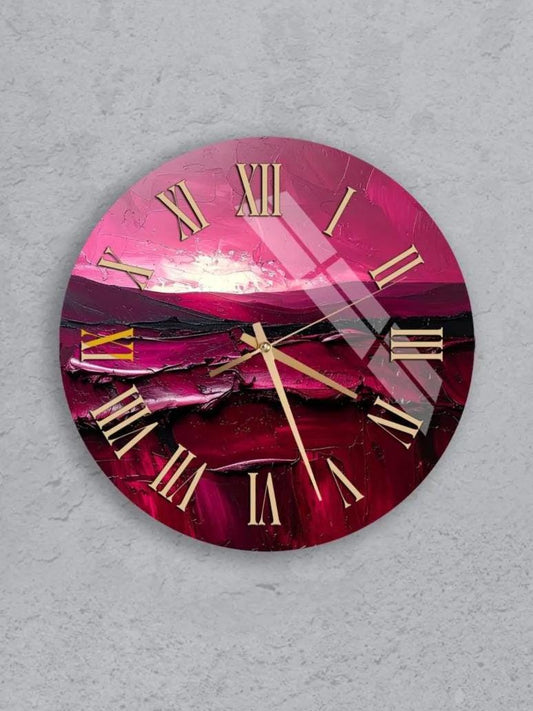 six circular wall clocks with pink and red color schemes, each displaying a different time.