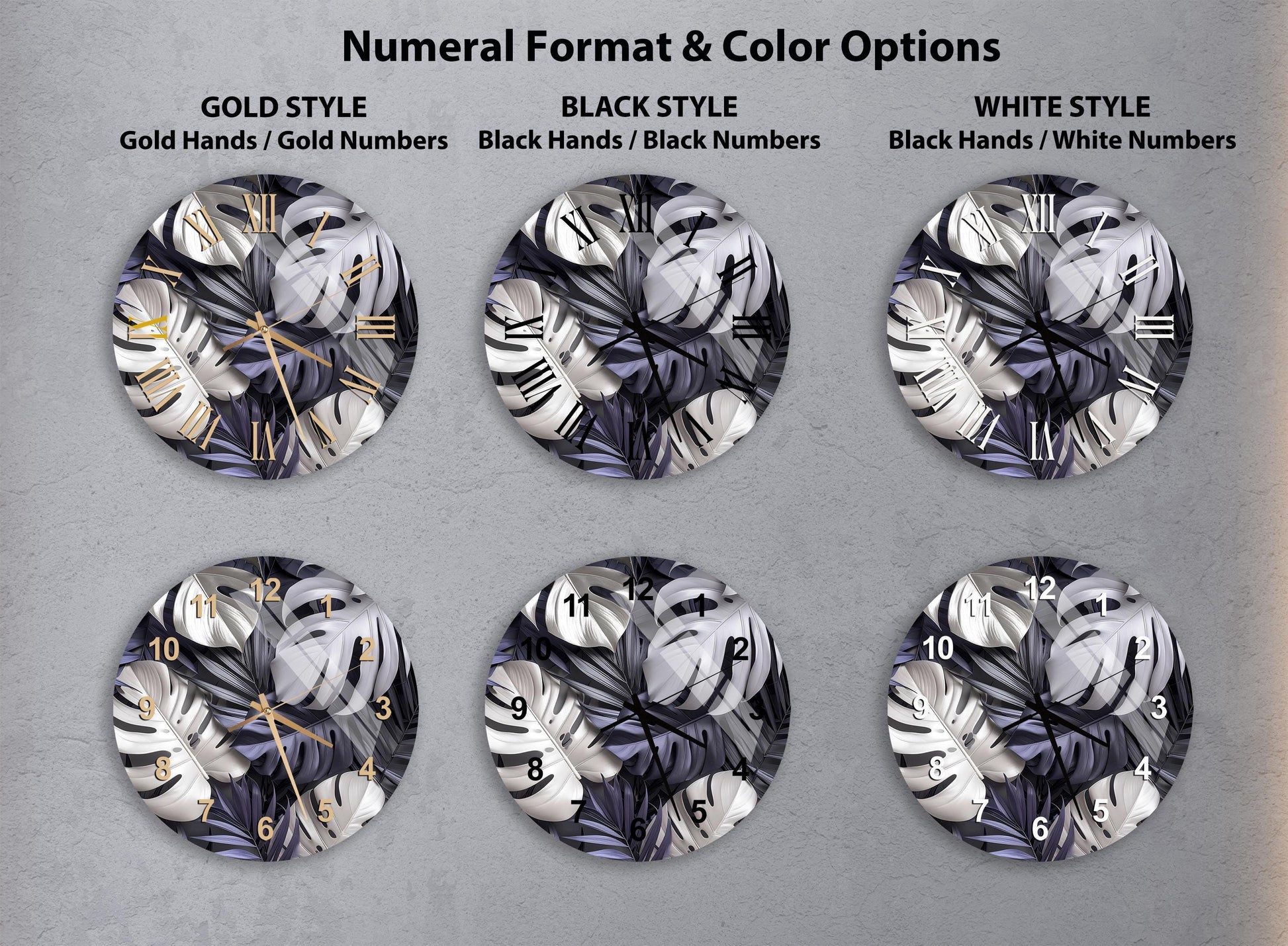 six different clock faces with various styles and color options, including gold hands, black hands, black numbers, white hands, black numbers, and white numbers.