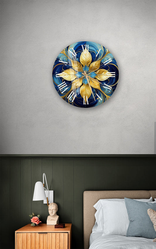 Tempered Glass Wall Clock - Blue Gold Floral Abstract, Silent Modern Decor