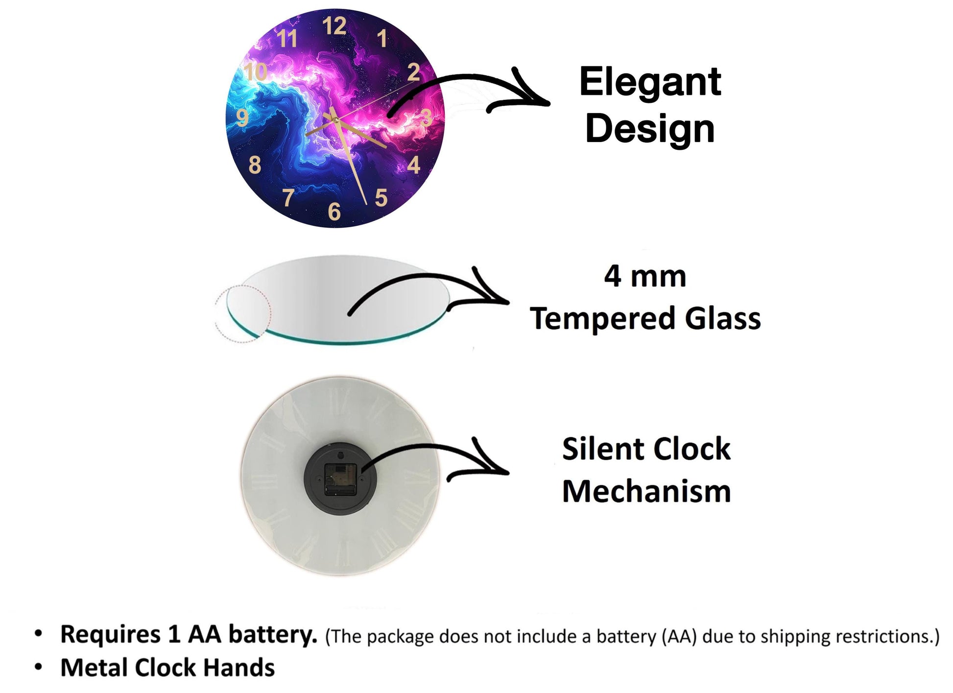 The image is a diagram that illustrates the features of a clock, including a 4 mm Tempered Glass face, a Silent Clock Mechanism, and the requirement of a 1 AA battery.