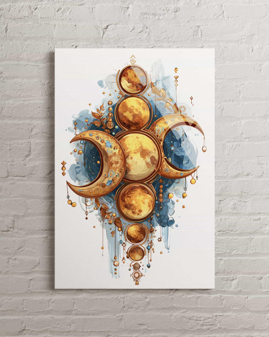Triple Moon Goddess Wall Art - Celestial Phase Decor | Mystical Gold Sun Design