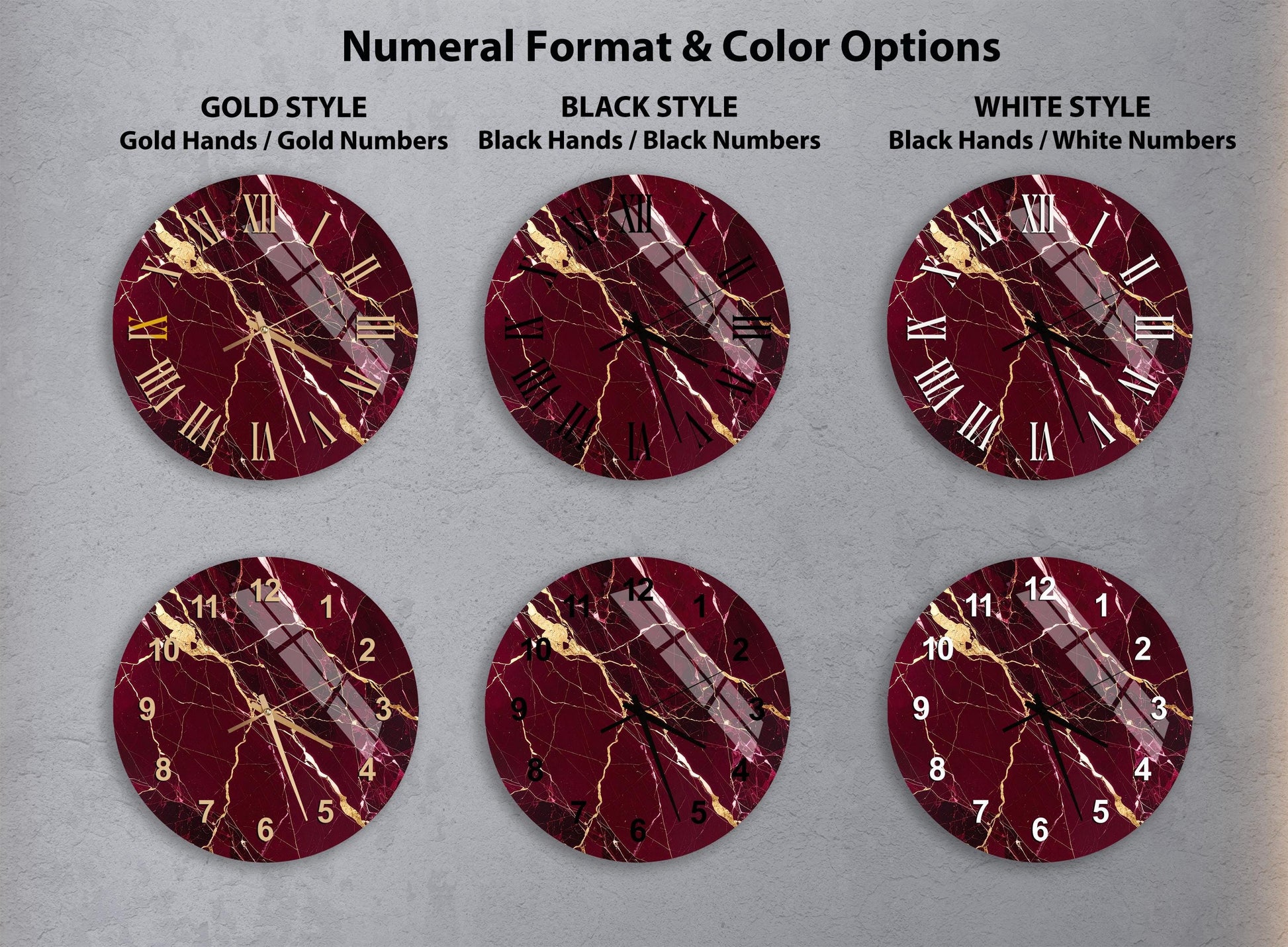 a collection of six clock faces with different styles and color options, including gold hands, black hands, and white numbers.
