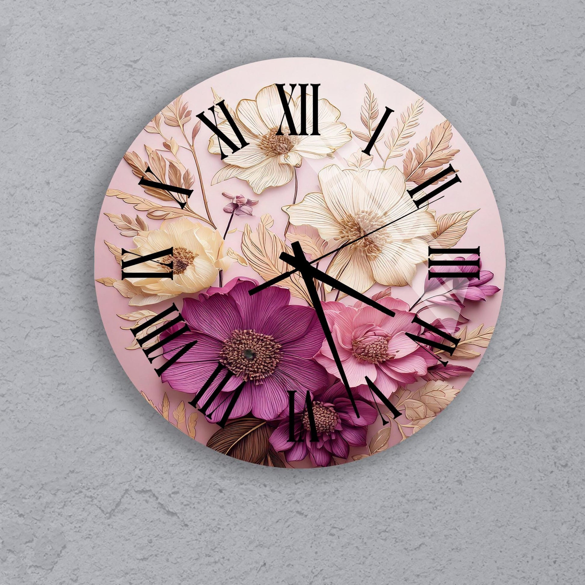 a clock with flowers painted on the face of it