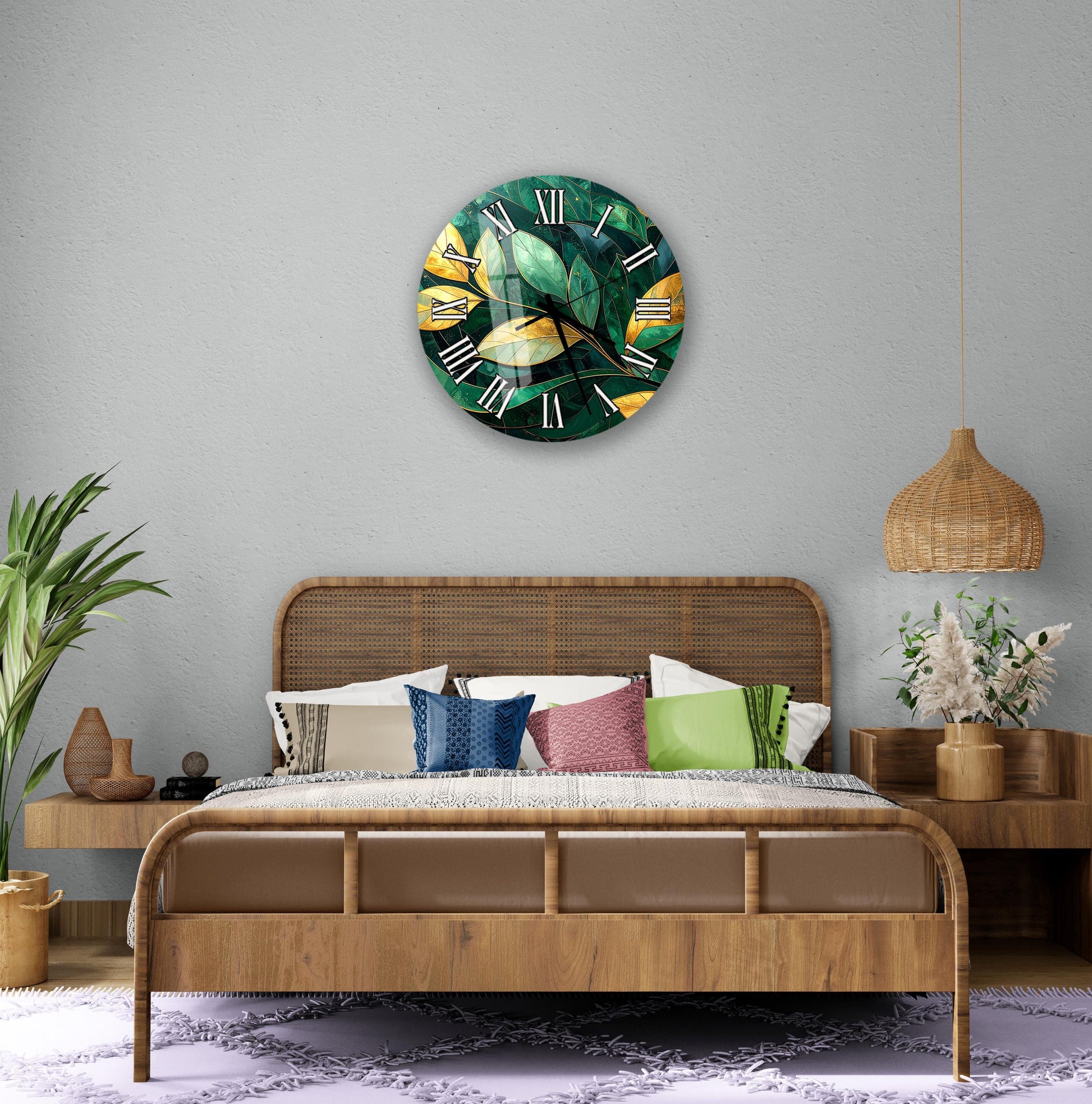 a bedroom with a large bed, a wicker headboard, and a wall clock with a tropical leaf design. The room has a neutral color scheme with a wicker pendant light and a wooden nightstand with a vase of flowers.