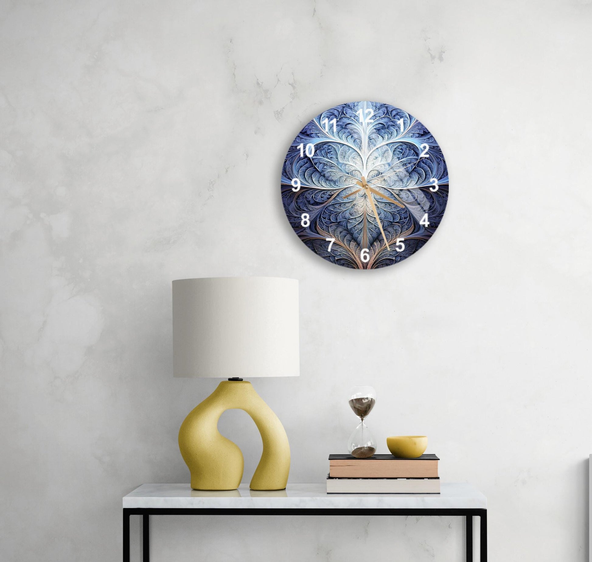 a table with a lamp and a clock on it
