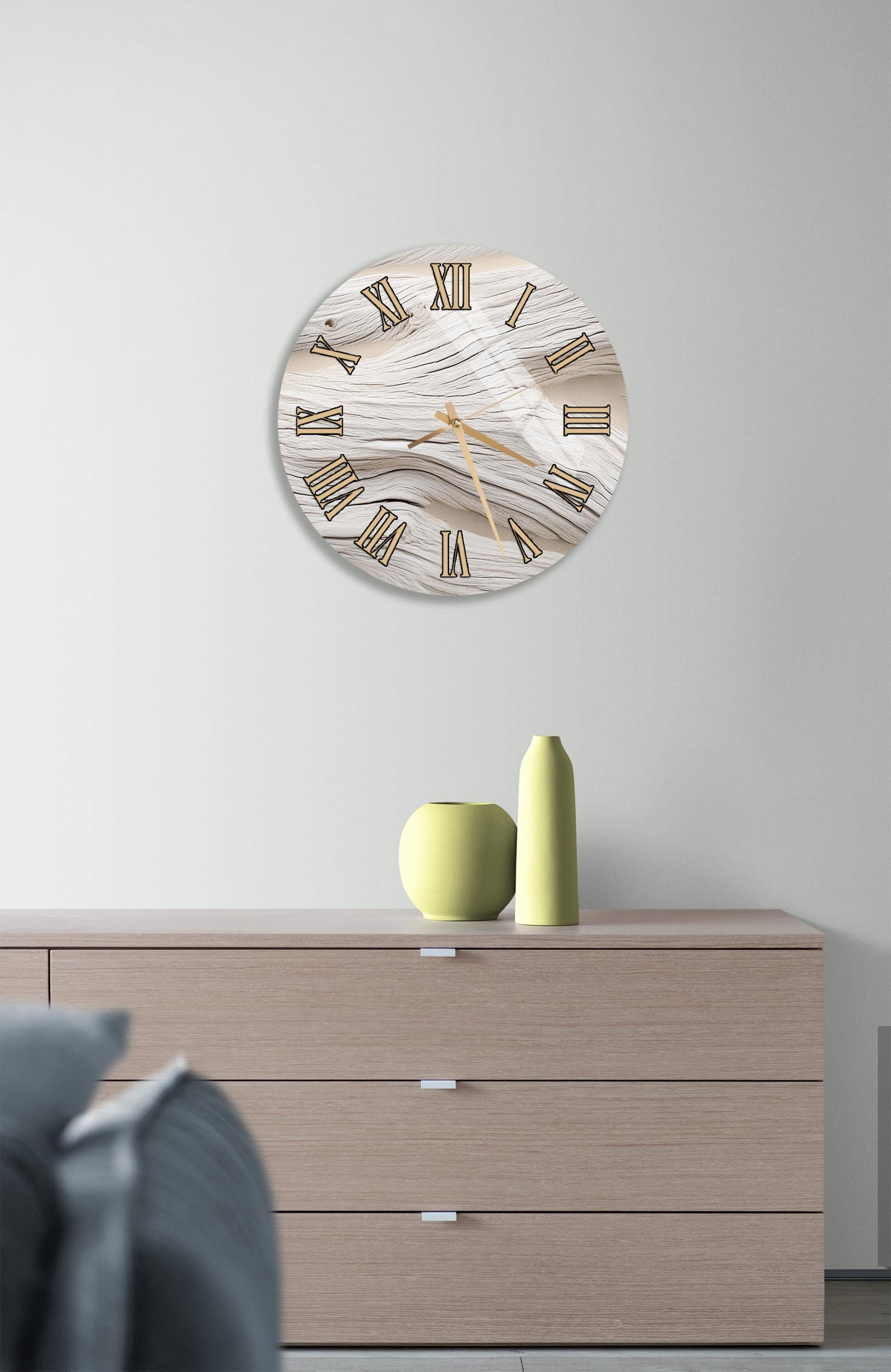 a modern living room with a wooden dresser, a round clock with a marble-like design, and a vase on top of the dresser.