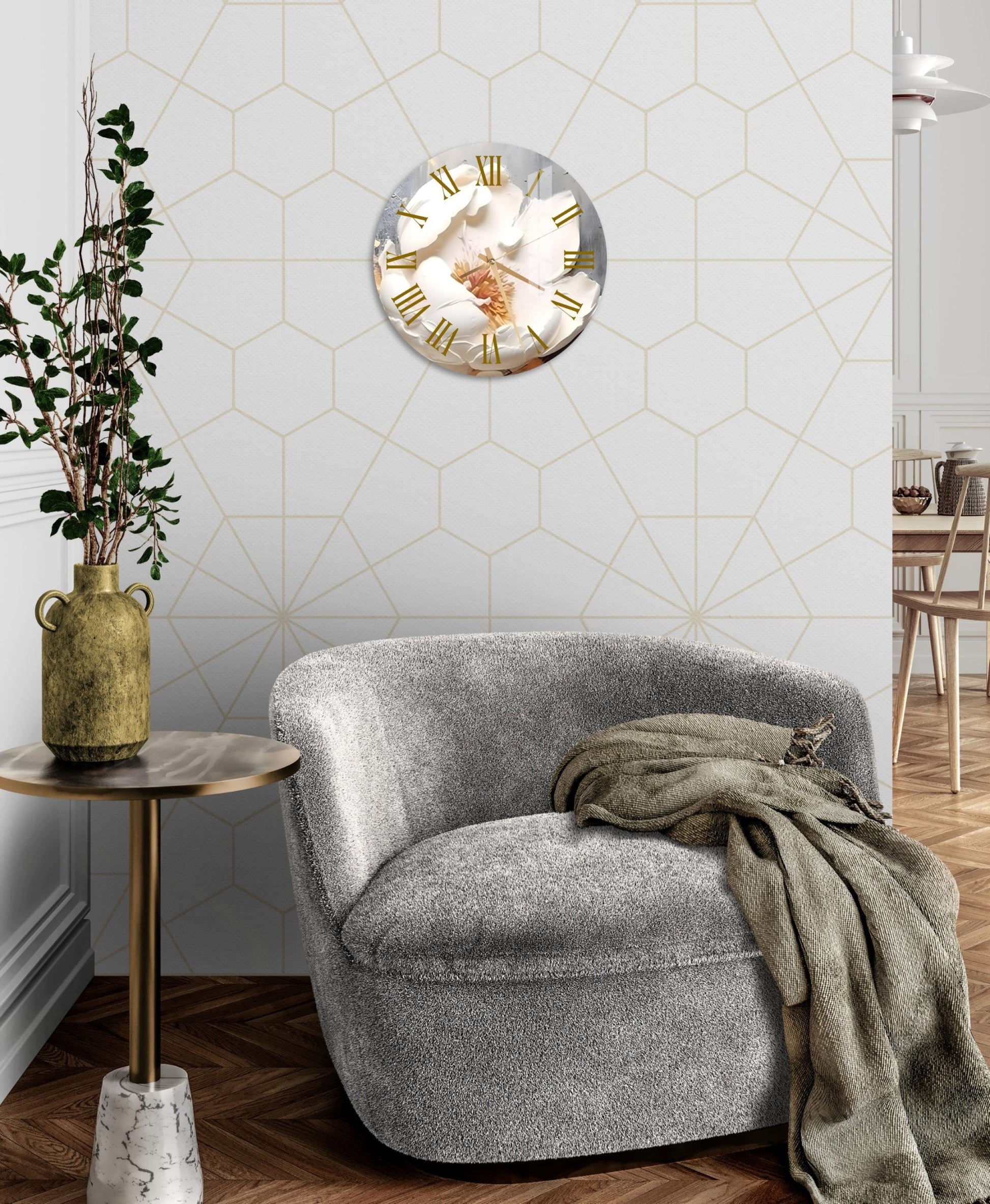a living room with a chair and a clock on the wall