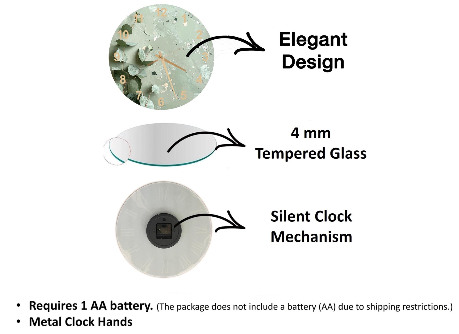 The image is a diagram that illustrates the features of a clock, including its design, materials, and mechanism.